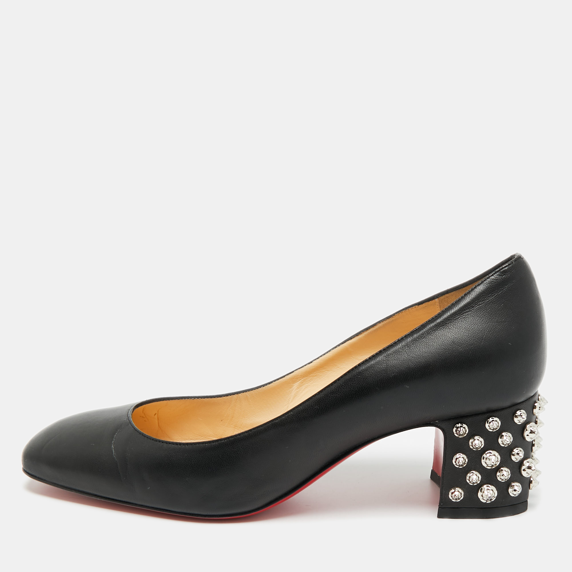 

Christian Louboutin Donna Size  Black Leather Spike Block Heel Pumps
