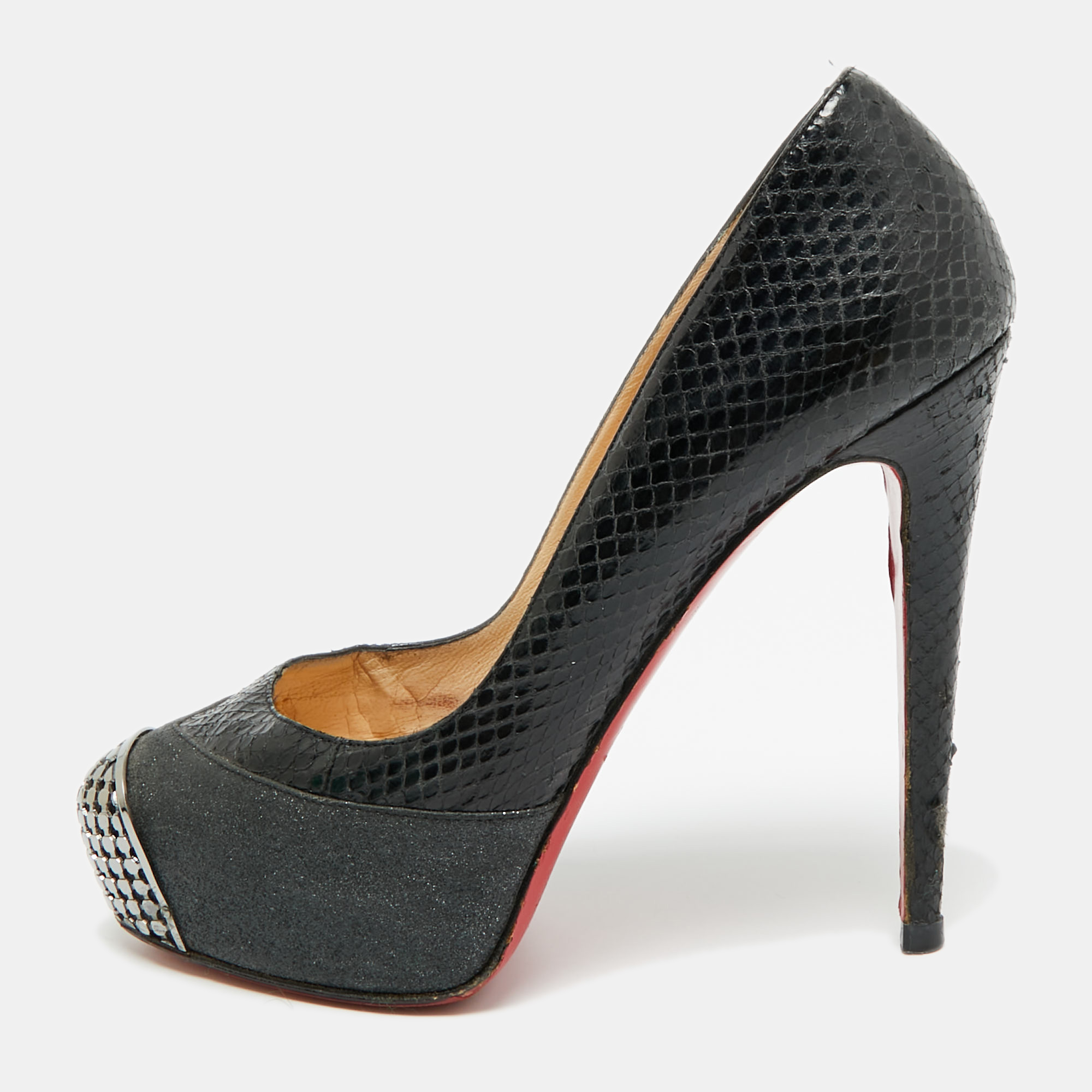 Pre-owned Christian Louboutin Maggie Size 39.5 Black Glitter And Snakeskin Leather Platform Pumps