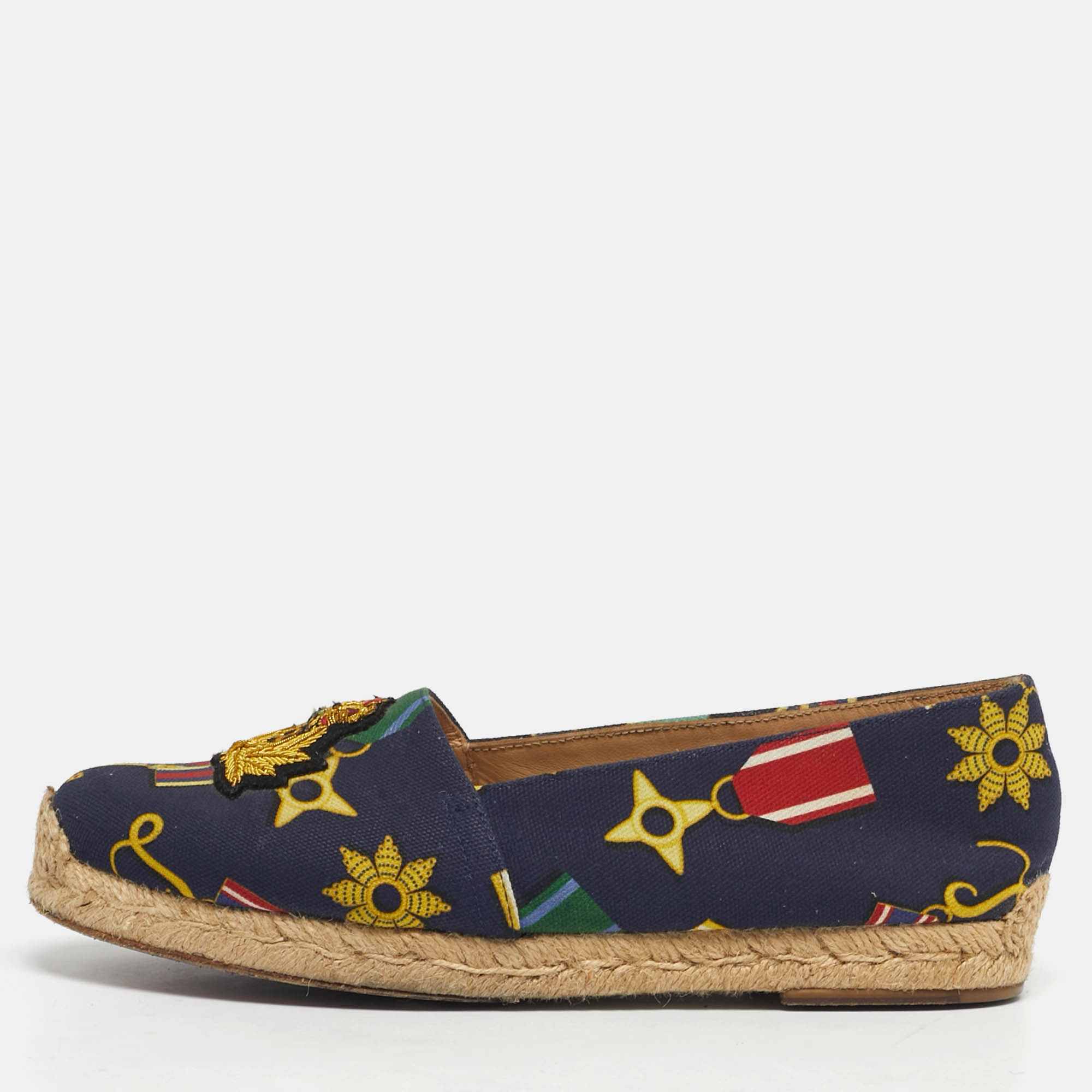 Pre-owned Christian Louboutin Gala Size 36 Navy Blue Canvas Embroidered Crest Espadrille Flats