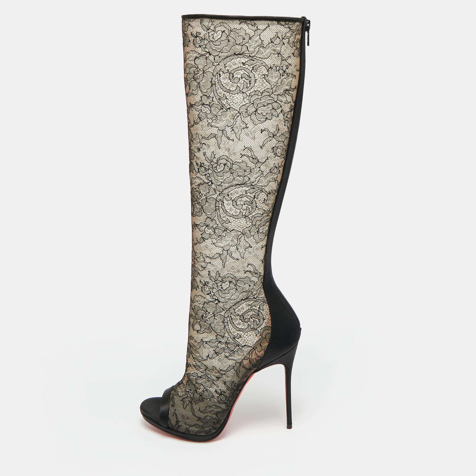 

Christian Louboutin Size  Black Lace and Satin Open Toe Knee Length Boots