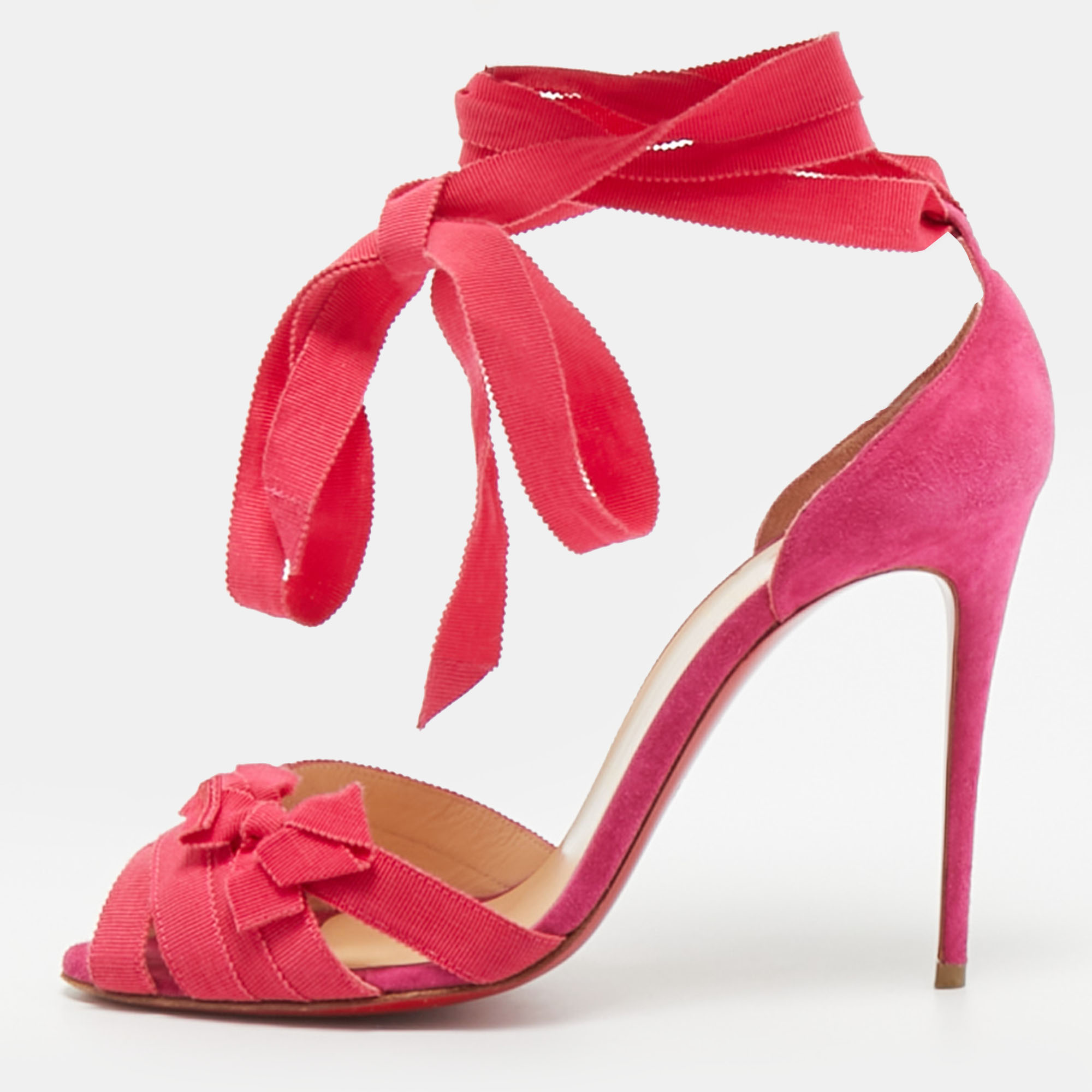 Pre-owned Christian Louboutin Christeriva Size 38 Two Tone Canvas And Suede Ankle Strap Sandals In Pink