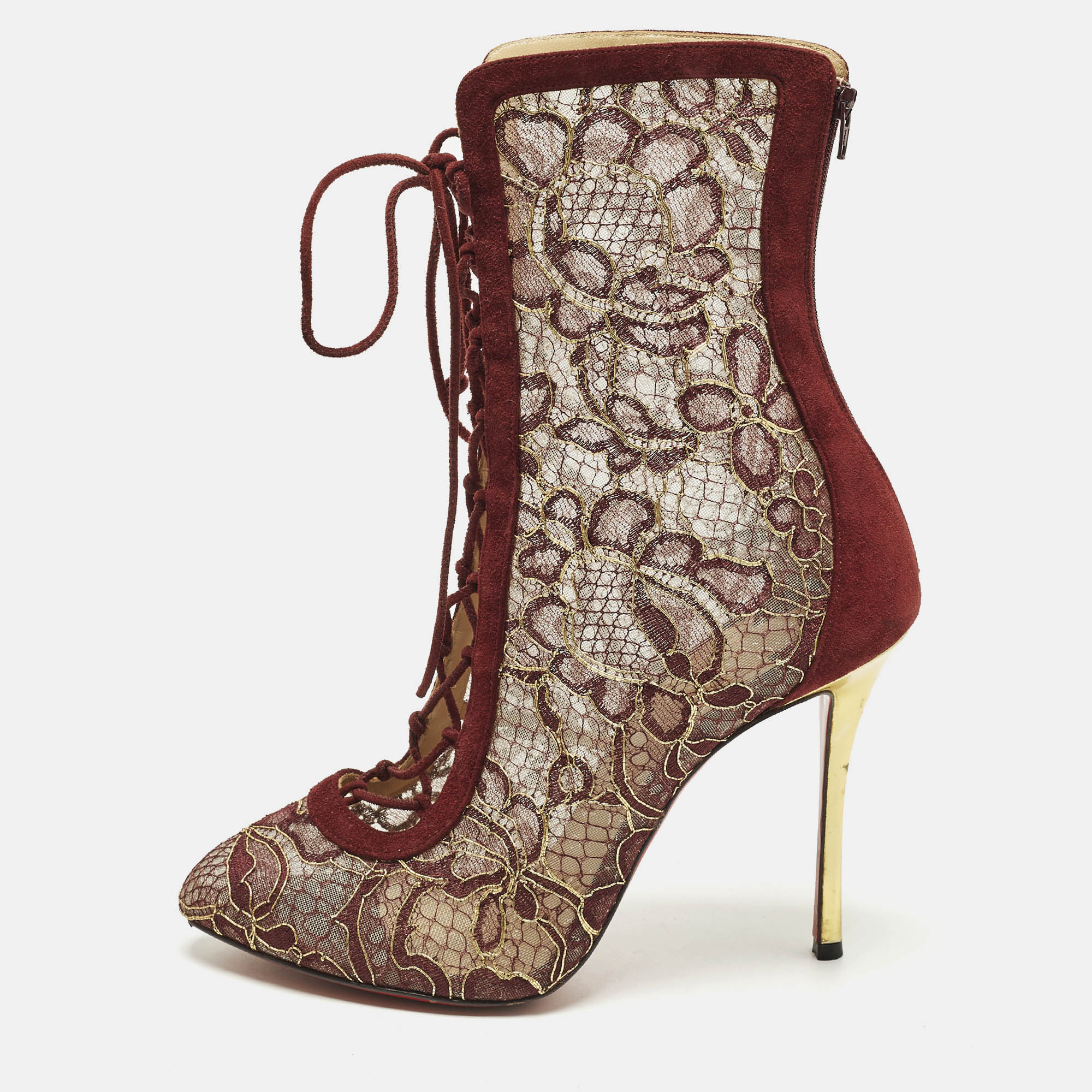 Pre-owned Christian Louboutin Size 40.5 Burgundy/gold Flora Lace And Suede Ankle Length Boots