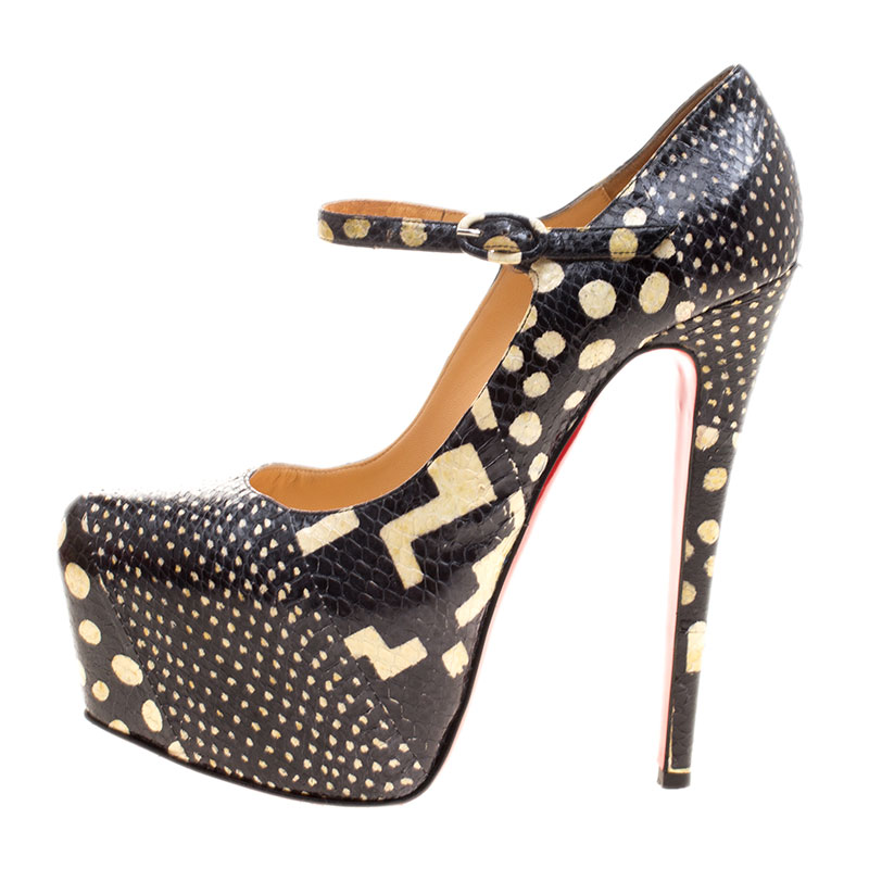 Pre-owned Christian Louboutin Monochrome Printed Snake Skin Daffodile Mary Jane Platform Pumps Size 38 In Black