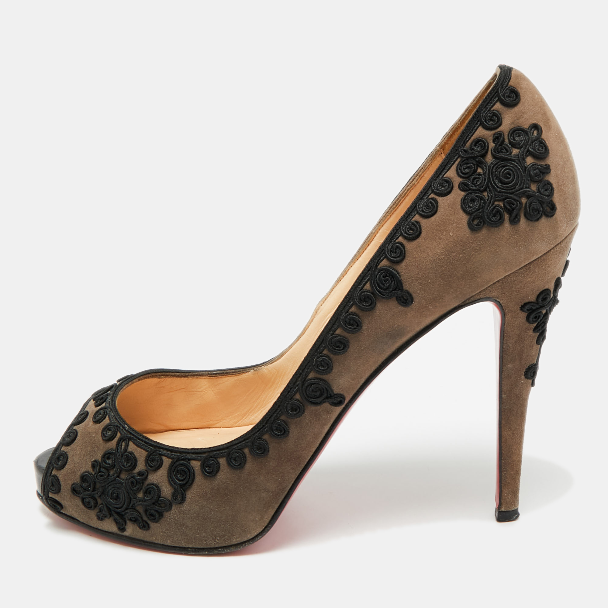 

Christian Louboutin Very Prive Size  Grey/Black Suede and Lace Embroidered Peep Toe Pumps