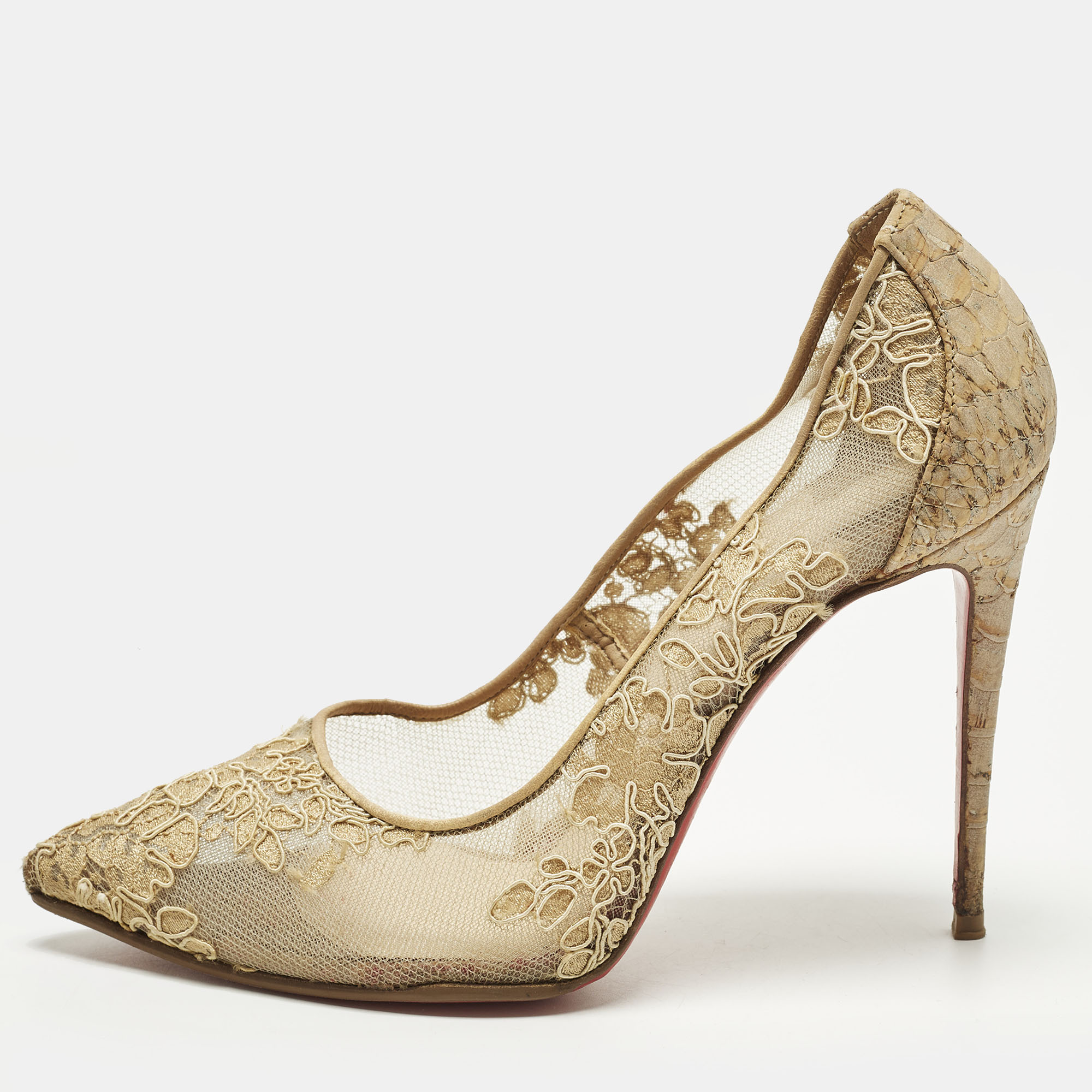 

Christian Louboutin Pigalle Follies Size  Beige Croc Embossed Leather and Lace Pumps