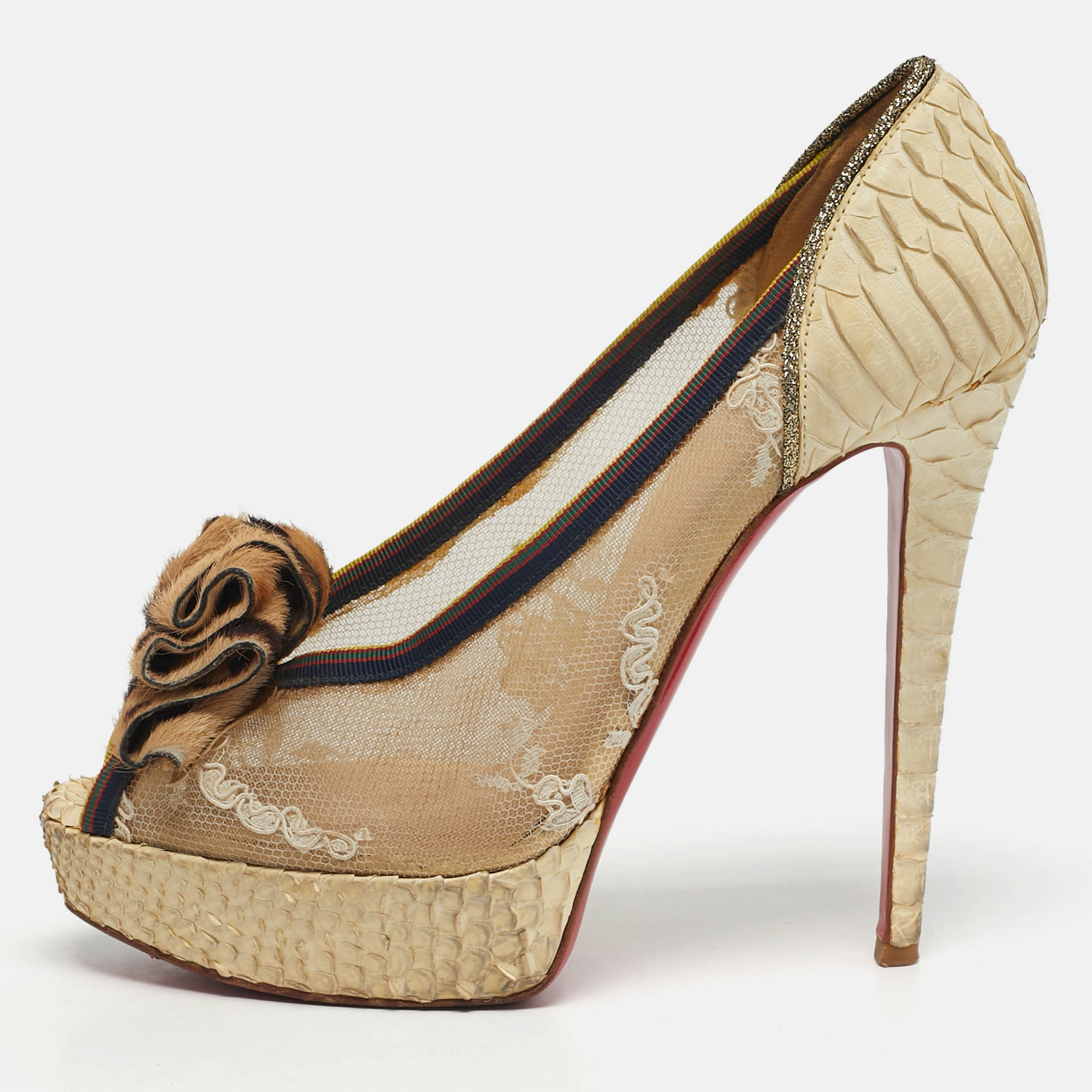 Pre-owned Christian Louboutin Lady Peep Size 39.5 Beige Lace And Python Leather Peep Toe Pumps In Sand