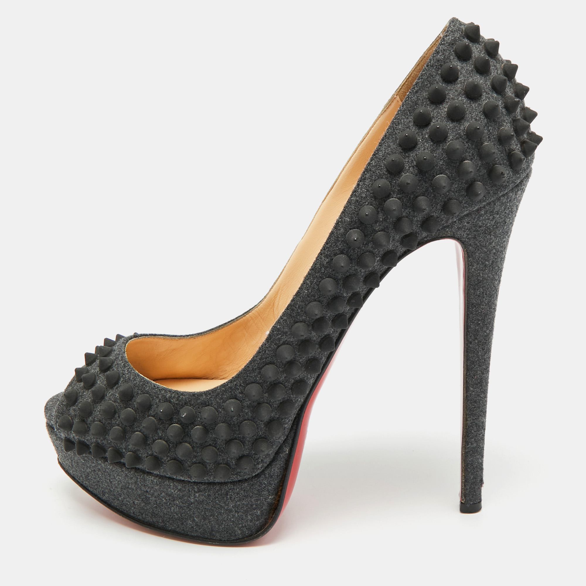 Pre-owned Christian Louboutin Lady Peep Spikes Size 39.5 Grey Wool Platform Pumps In Gray