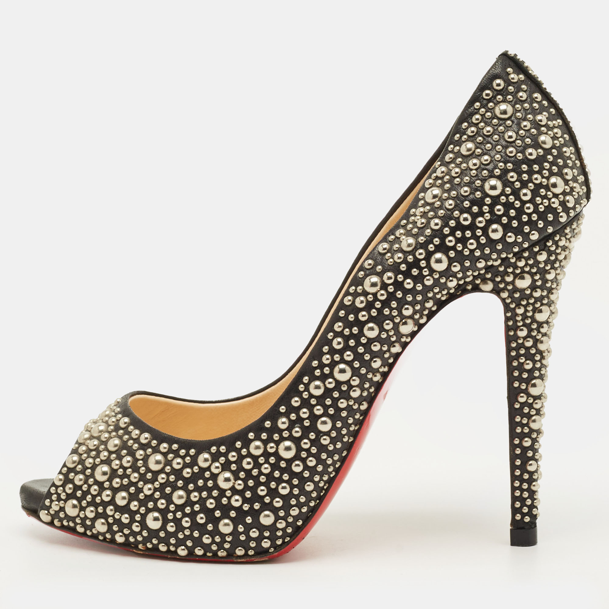 

Christian Louboutin Studded Accents Size  Black/Silver Leather Peep Toe Pumps