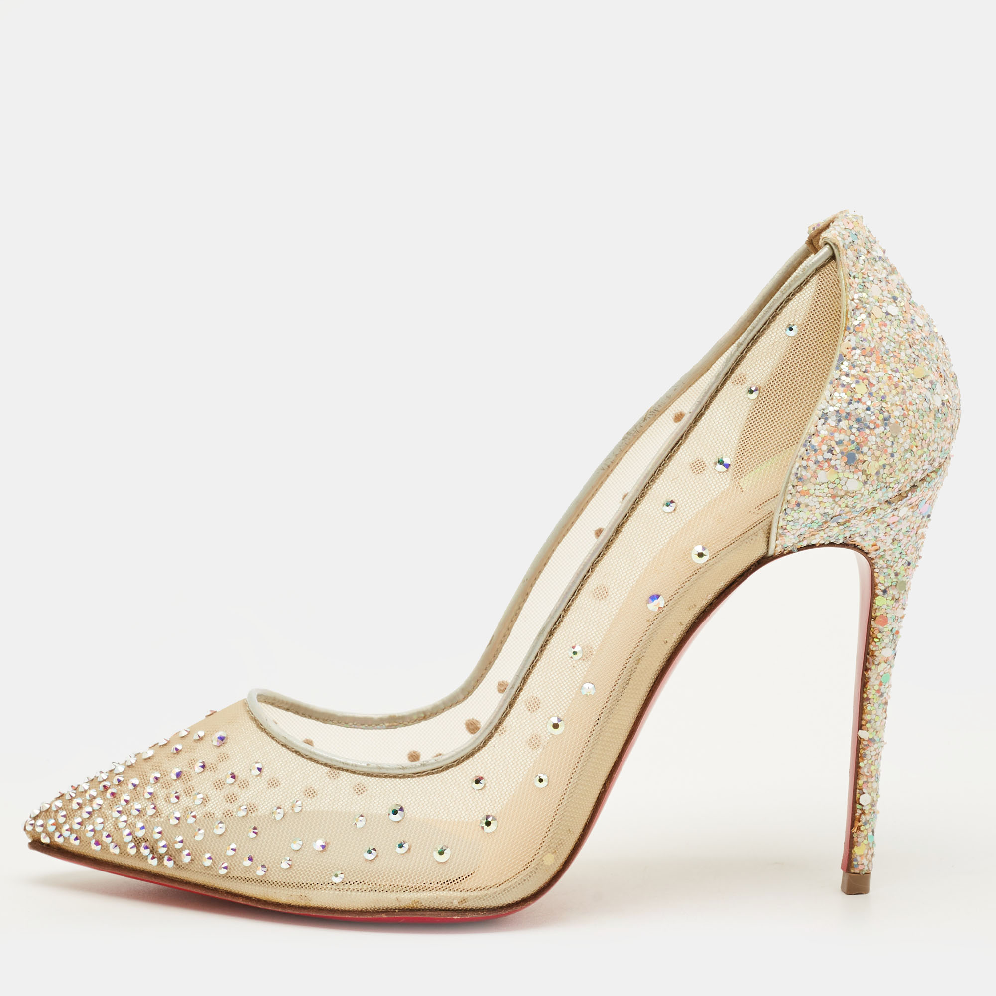 Pre-owned Christian Louboutin Follies Strass Size 37.5 Beige Glitter And Mesh Pumps In Sand