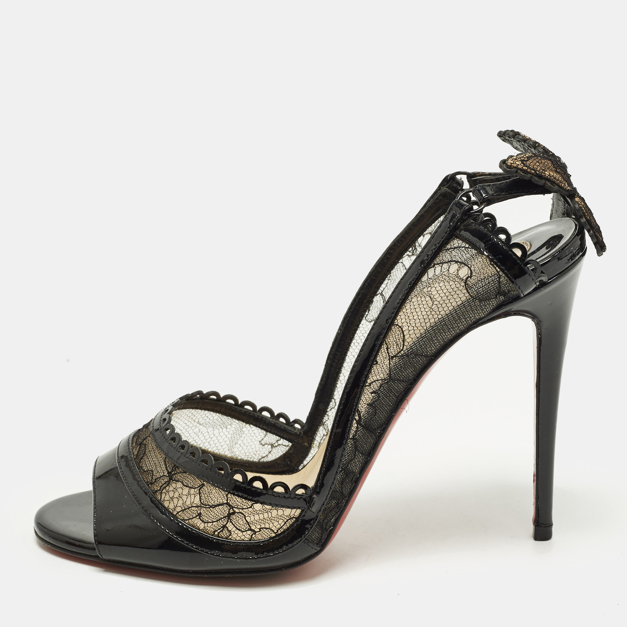 

Christian Louboutin Size  Black Lace and Patent Leather Chantilly Butterfly Peep Toe Pumps