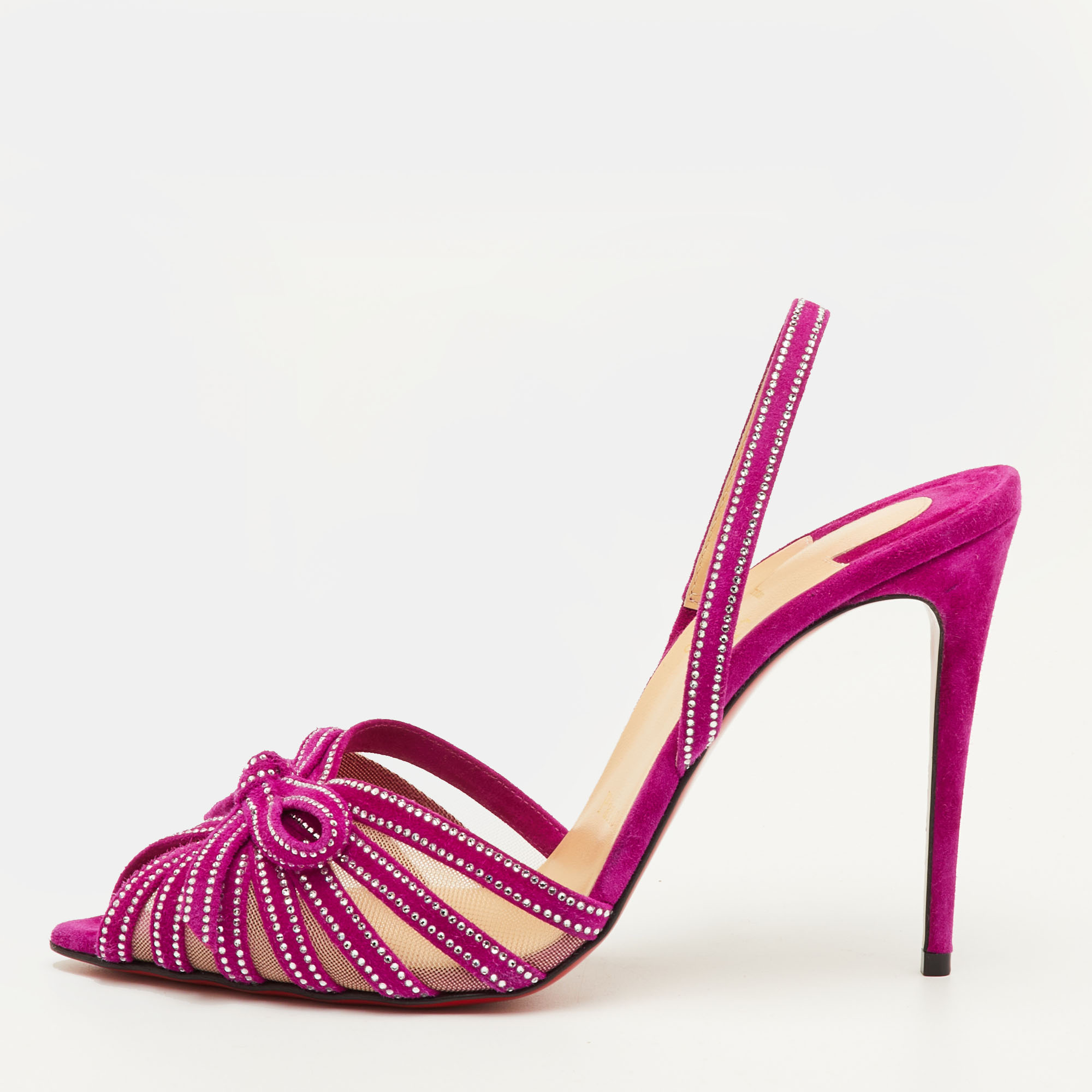 

Christian Louboutin Araborda Size  Purple Suede and Mesh Crystal Slingback Sandals
