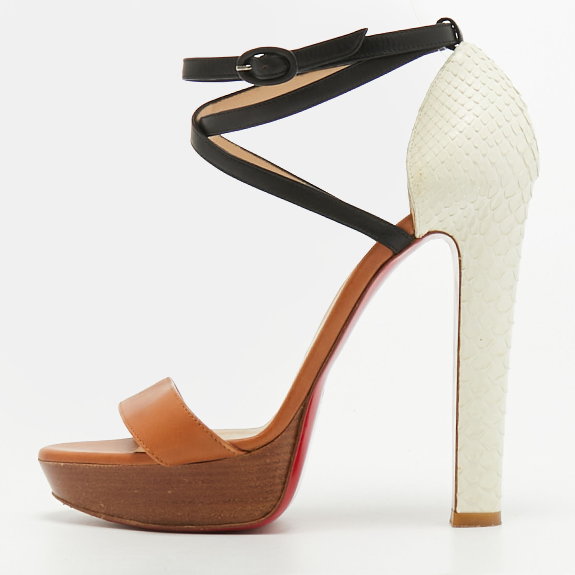 

Christian Louboutin Size  Tricolor Python and Leather Platform Ankle Strap Sandals, Brown