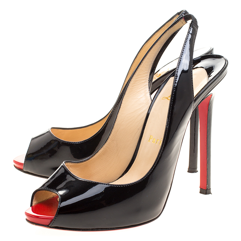 Christian Louboutin Black Patent Leather Flo Peep Toe Slingback Sandals ...