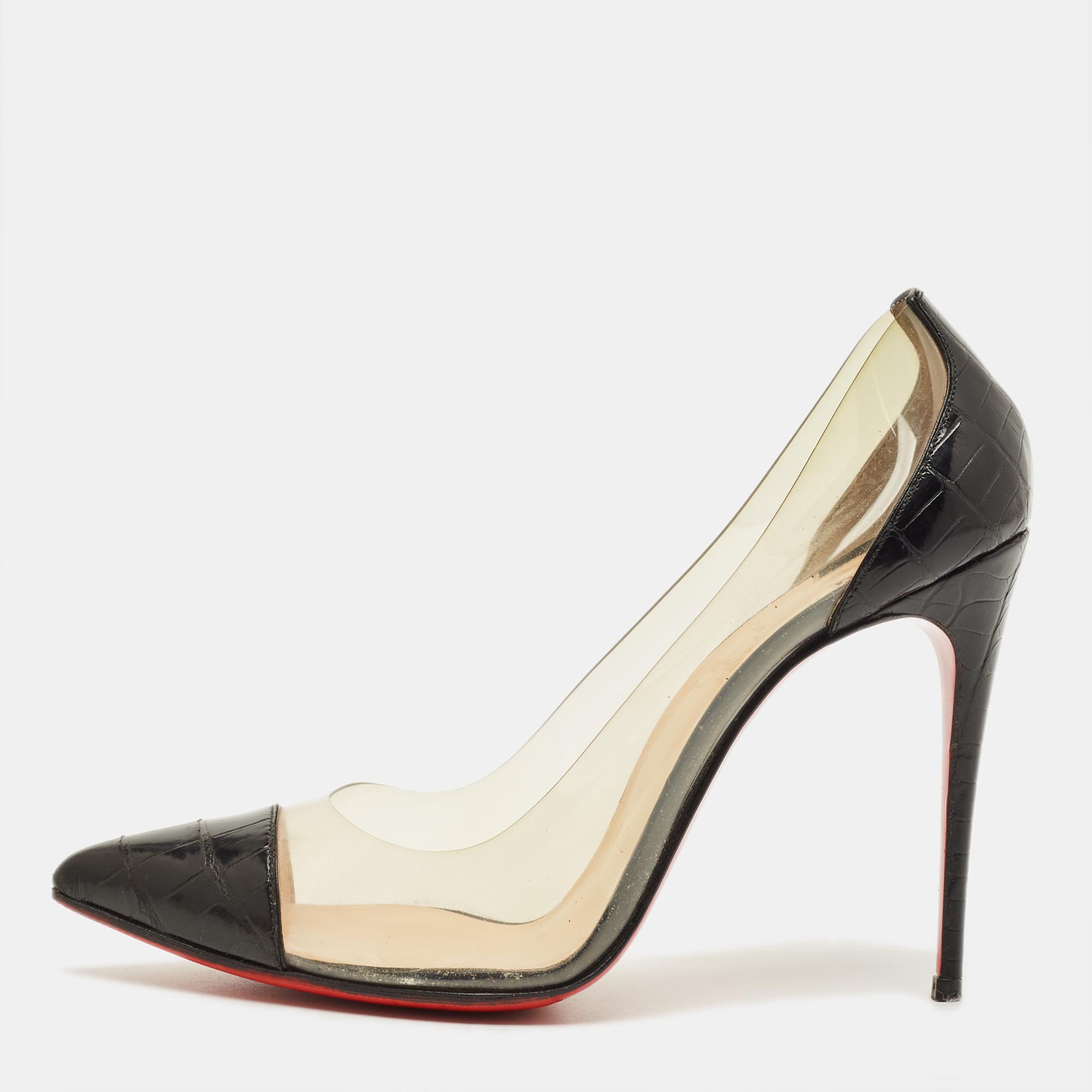 

Christian Louboutin Debout Size  Black/Transparent Croc Embossed Leather and PVC Pumps