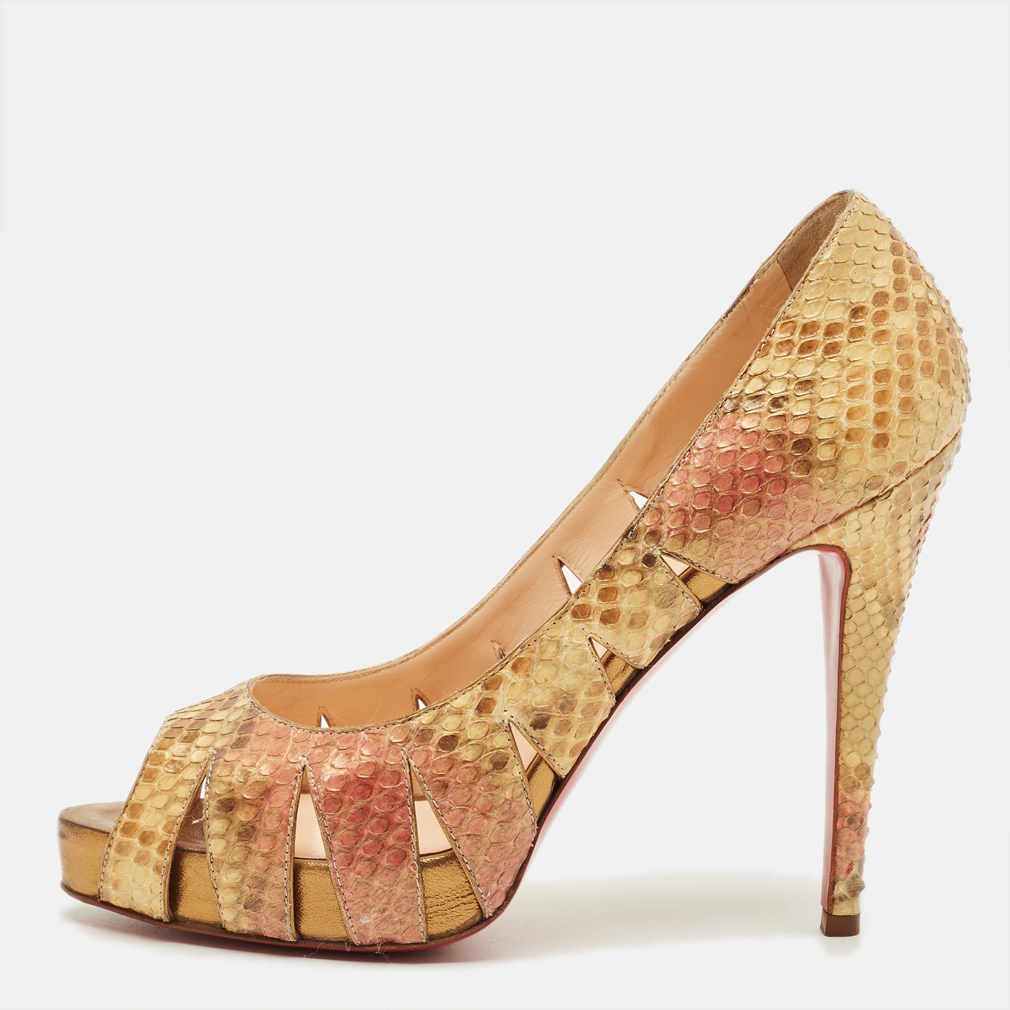 Pre-owned Christian Louboutin Size 39.5 Metallic Python Leather Cutout Peep Toe Pumps In Silver