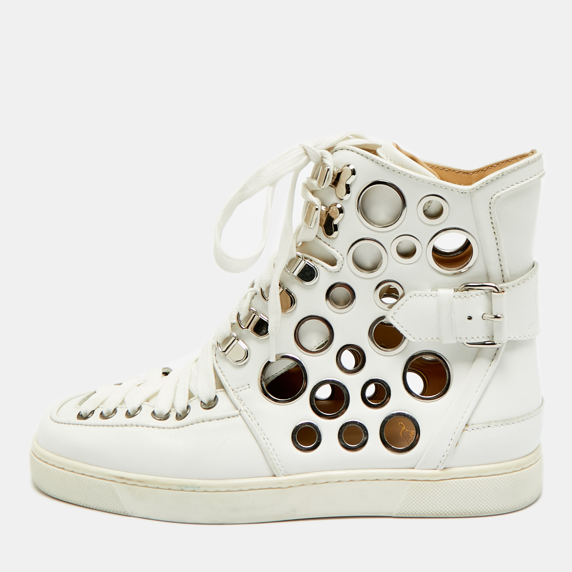 

Christian Louboutin Alfibully Size  White Leather and Metal High Top Sneakers