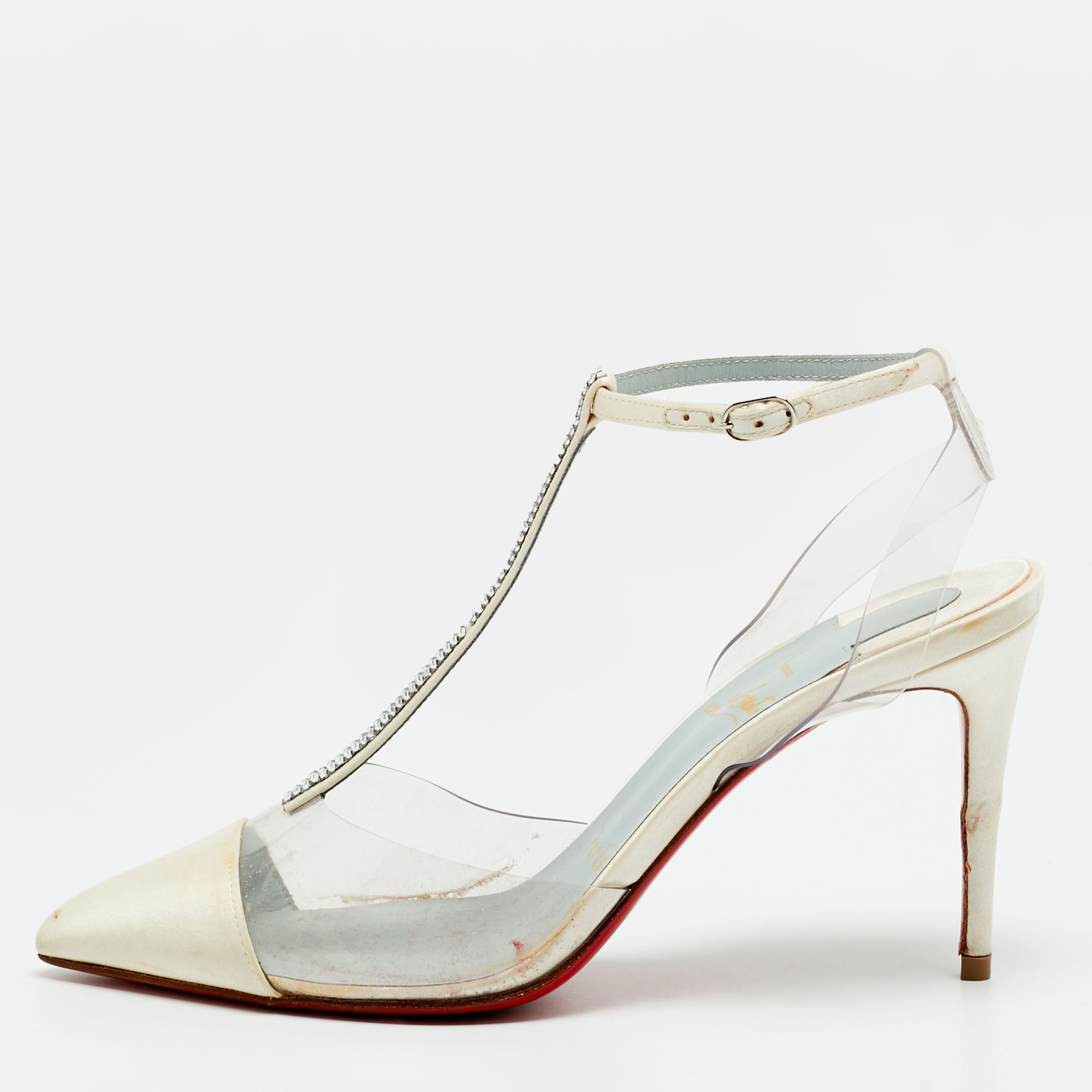Pre-owned Christian Louboutin Nosy Size 36 White/transparent Pvc And Satin T-strap Pumps