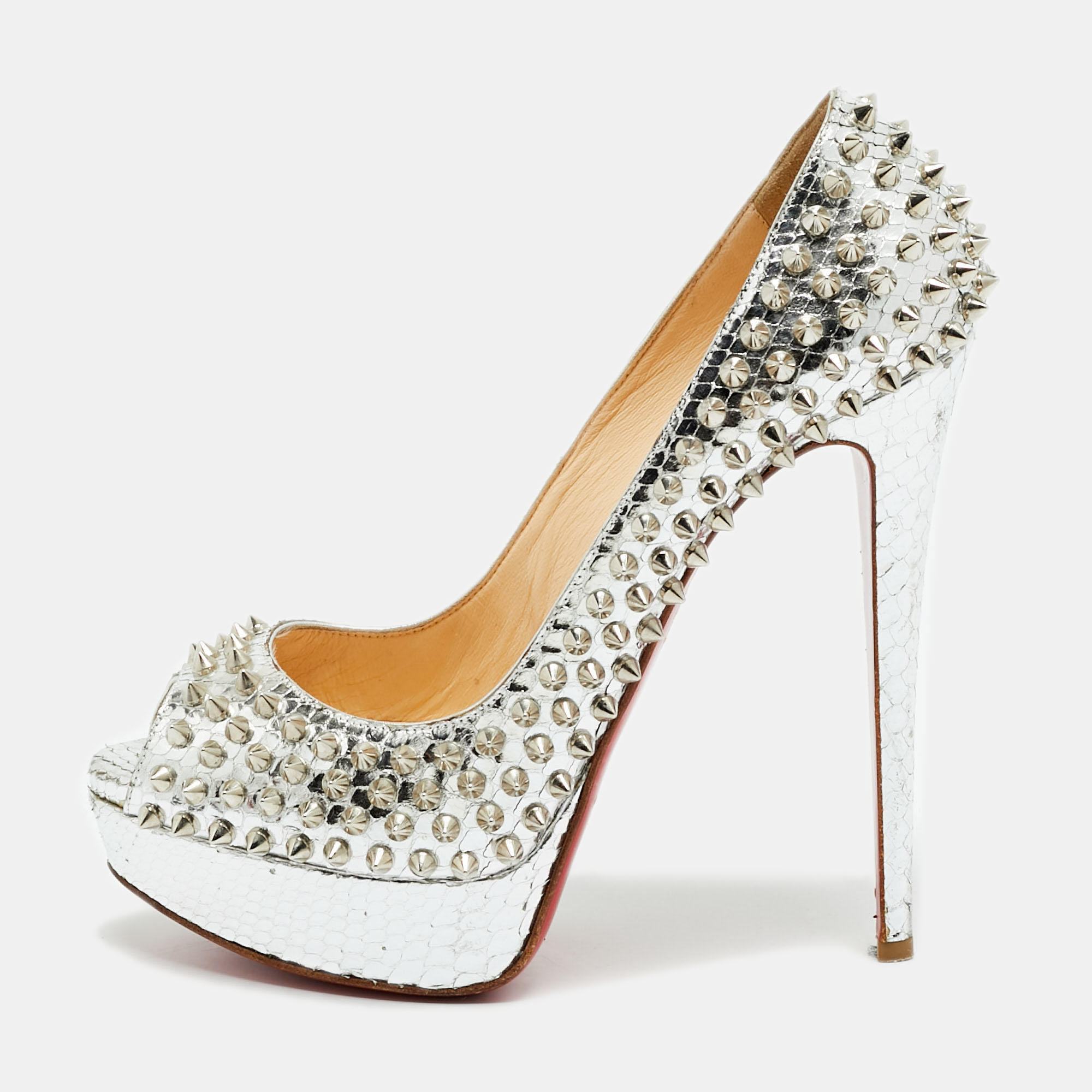 

Christian Louboutin Lady Peep Spikes Size  Silver Python Leather Platform Pumps