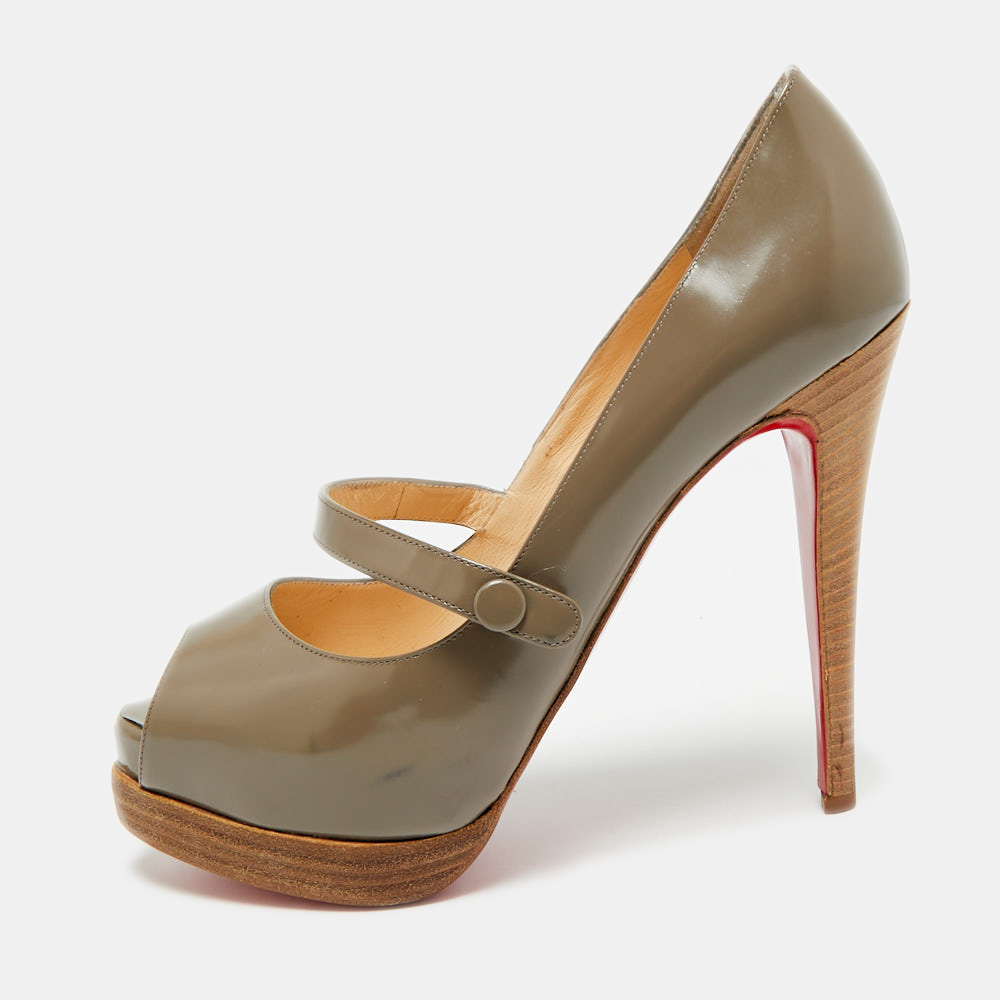 Pre-owned Christian Louboutin Zeppa Size 38.5 Grey Patent Leather Platform Peep Toe Pumps In Gray