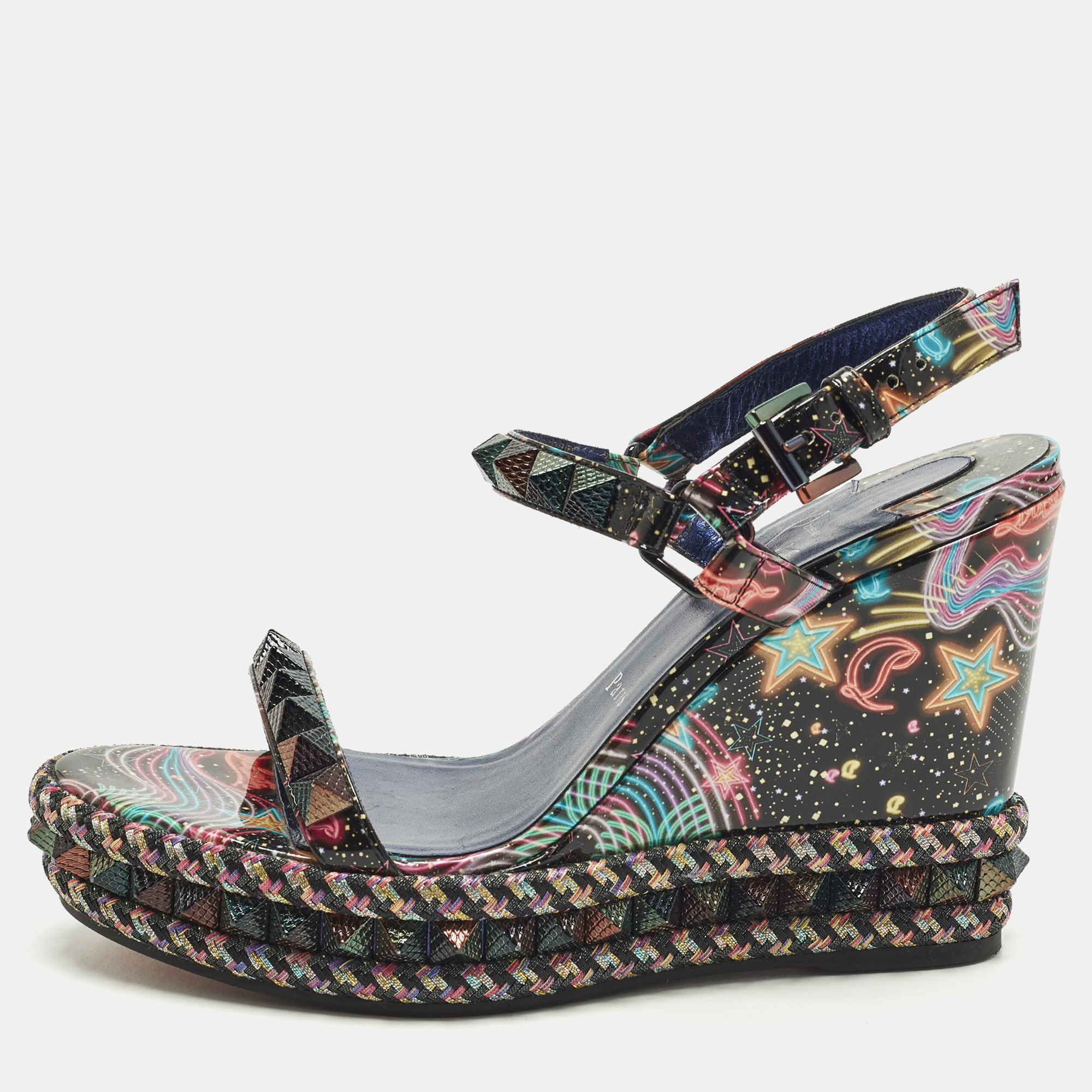 

Christian Louboutin Pyraclou Size  Multicolor Patent Leather Wedge Sandals
