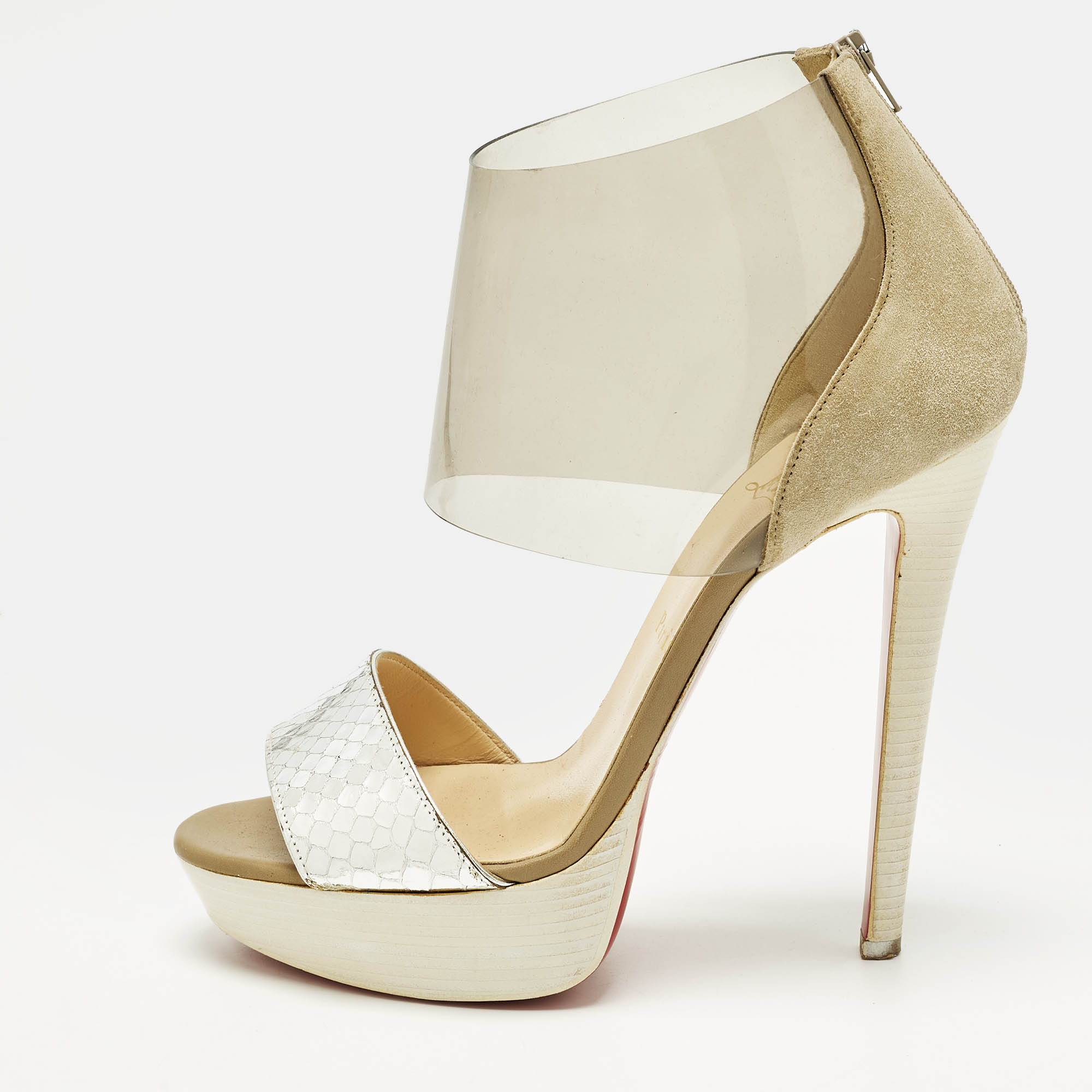 

Christian Louboutin Dufoura Size  Tricolor Python Embossed Leather and Suede Sandals, Cream