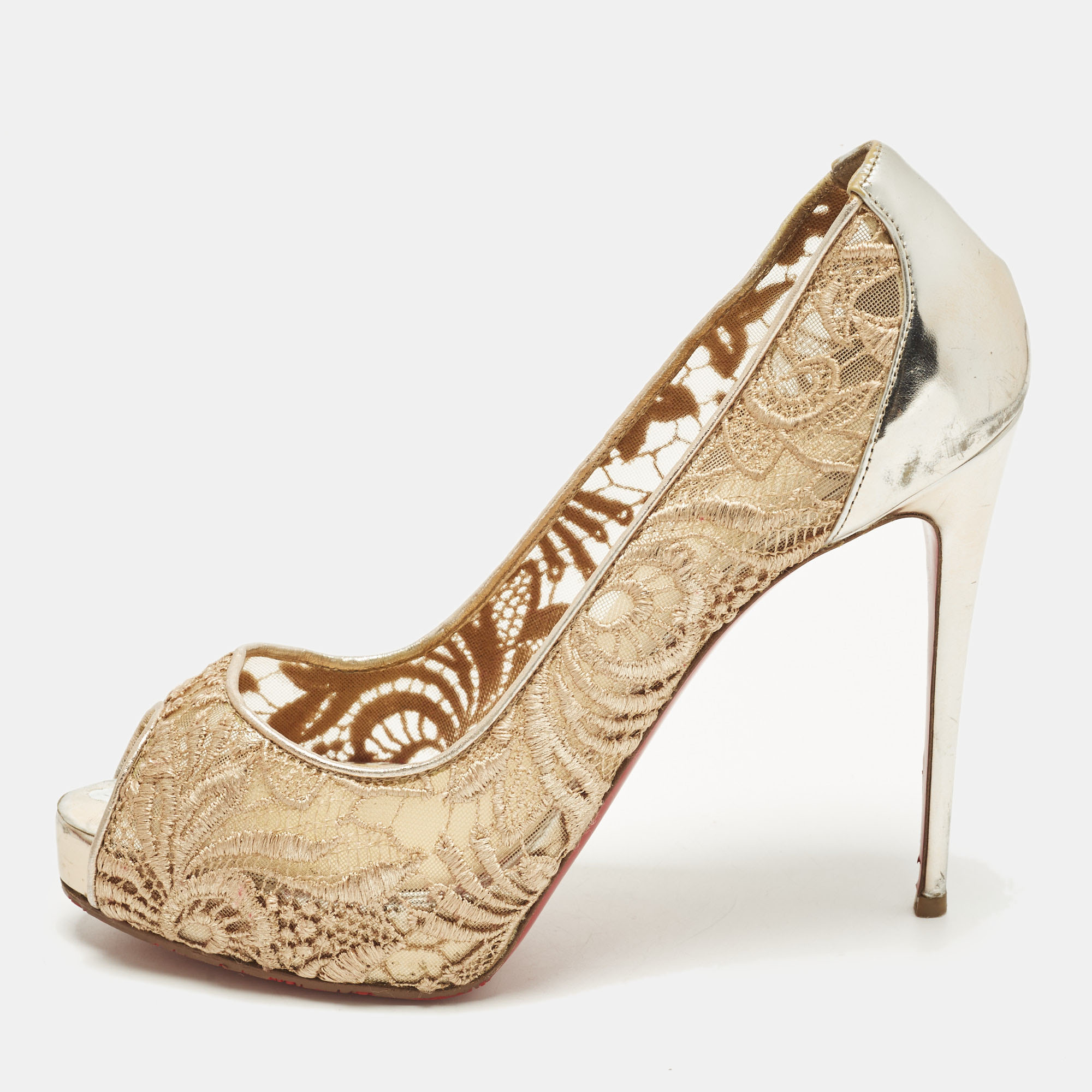 

Christian Louboutin Lady Peep Size  Pink/Silver Flora Lace and Patent Leather Platform Pumps