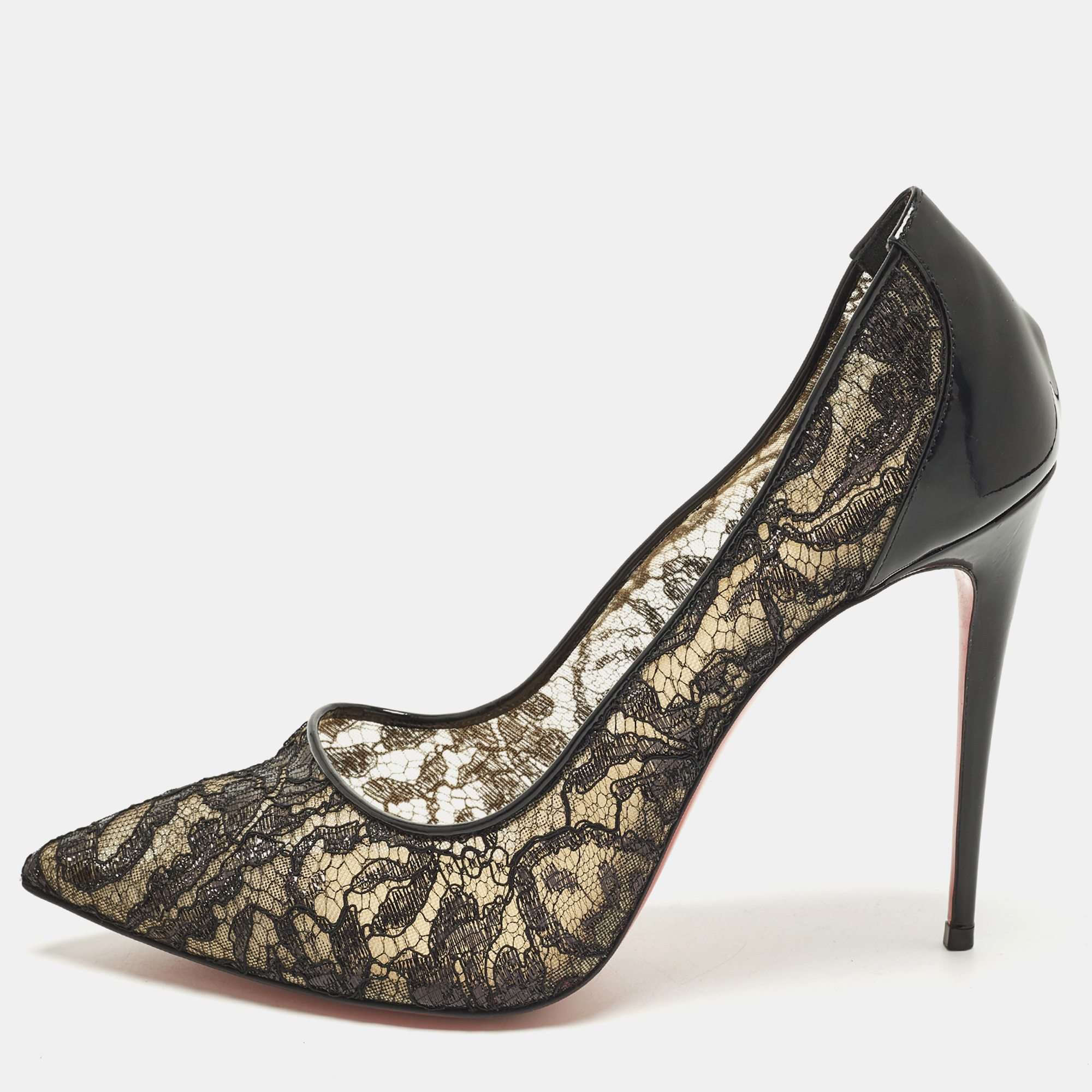 

Christian Louboutin Follies Strass Size  Black Lace and Patent Leather Pumps