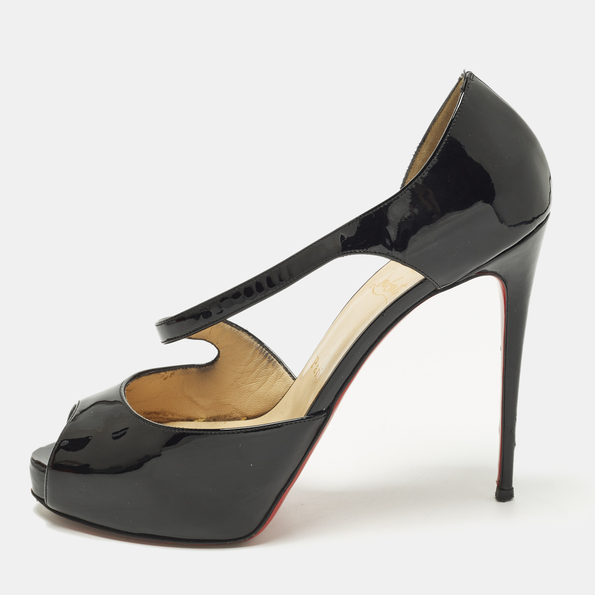 

Christian Louboutin Catchy Two Size  Black Patent Leather Peep Toe Pumps