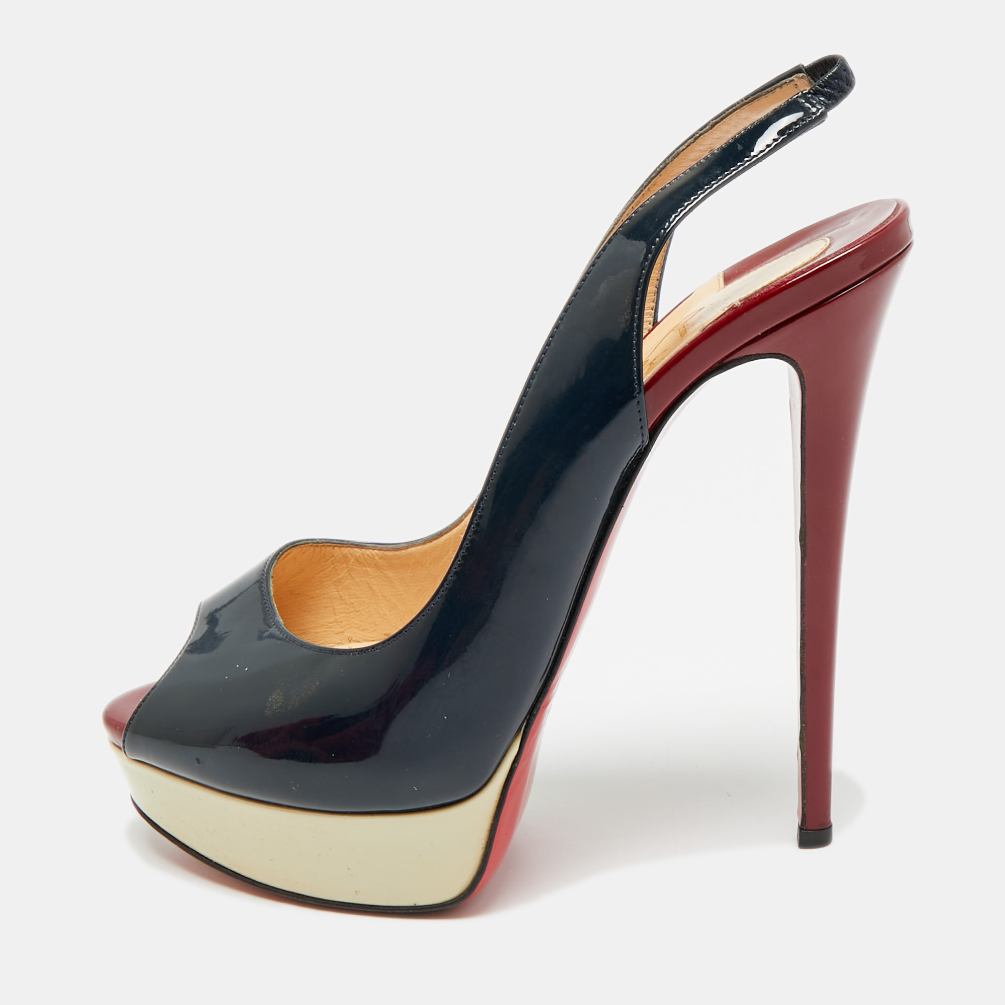 

Christian Louboutin Lady Peep Size  Tricolor Patent Leather Platform Slingback Pumps, Navy blue