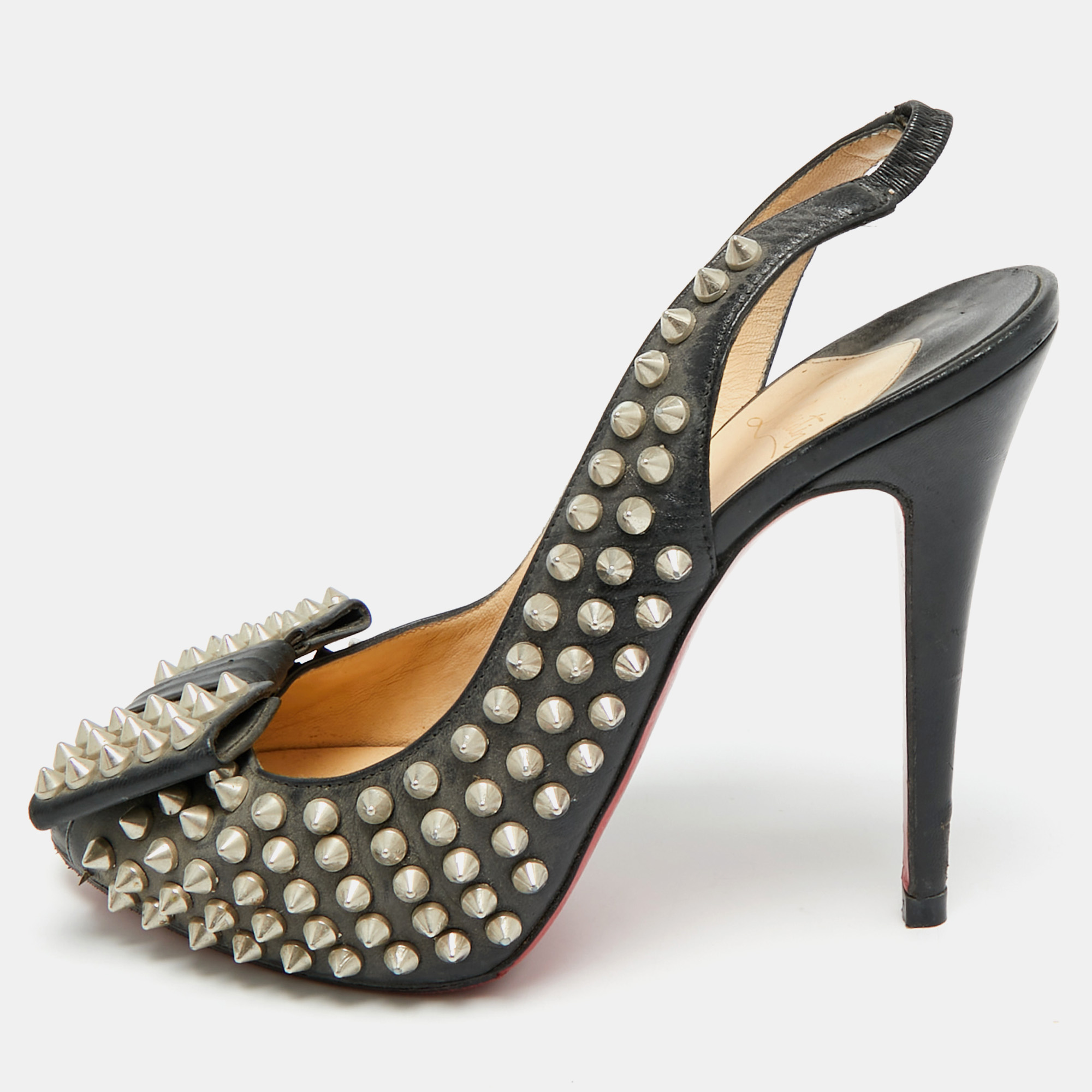 

Christian Louboutin Clou Noeud Size  Black Leather Spikes Slingback Pumps