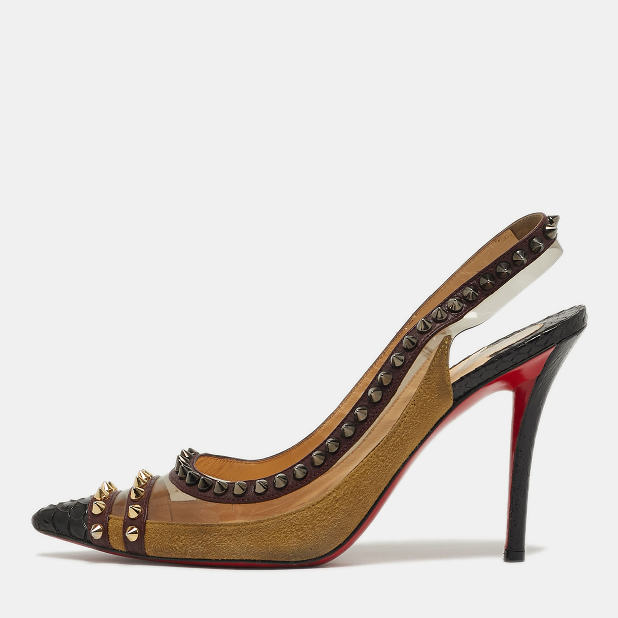 

Christian Louboutin Studded Size  Multicolor PVC, Python Leather and Suede Slingback Pumps