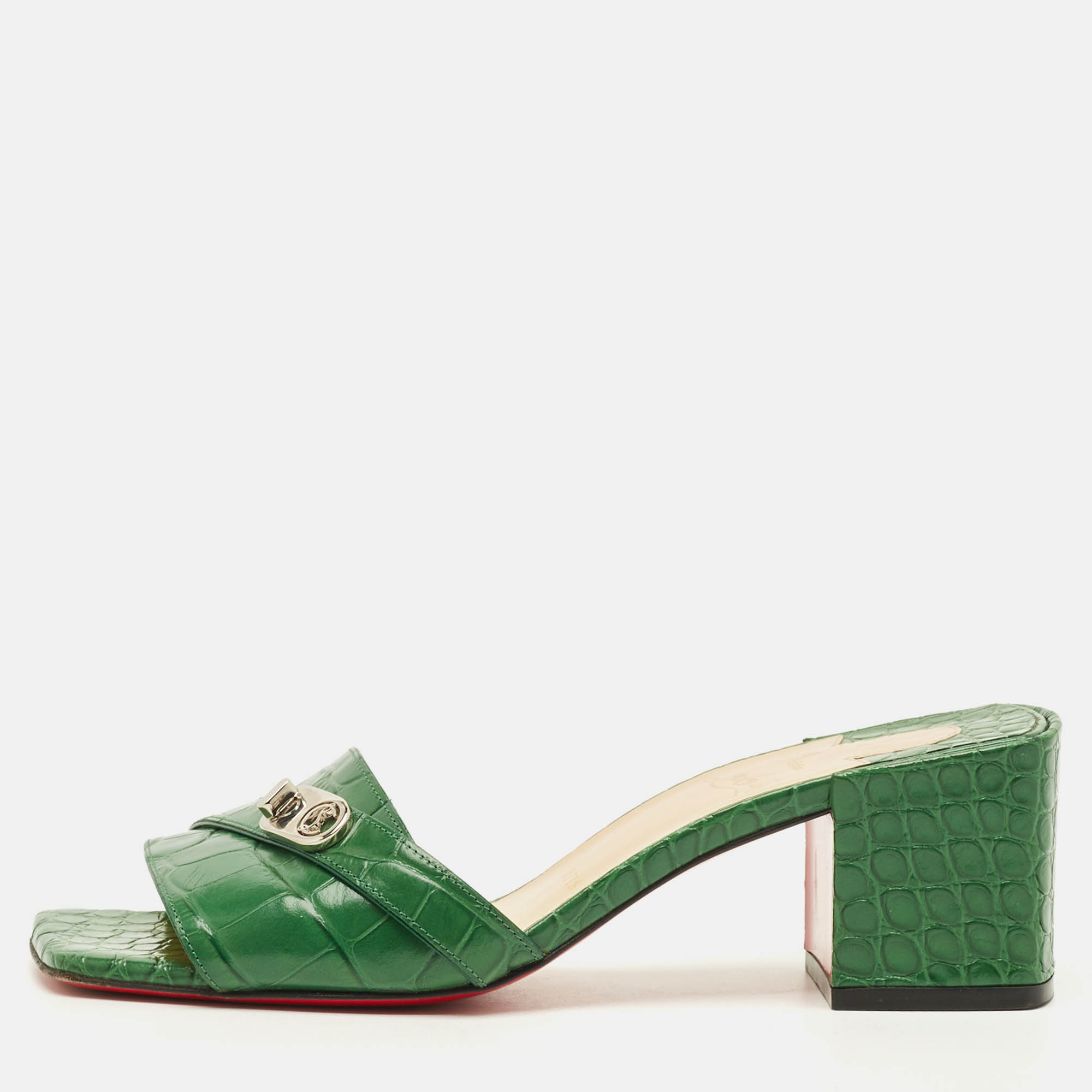 

Christian Louboutin Size  Green Croc Embossed Leather Lock Art Slide Sandals