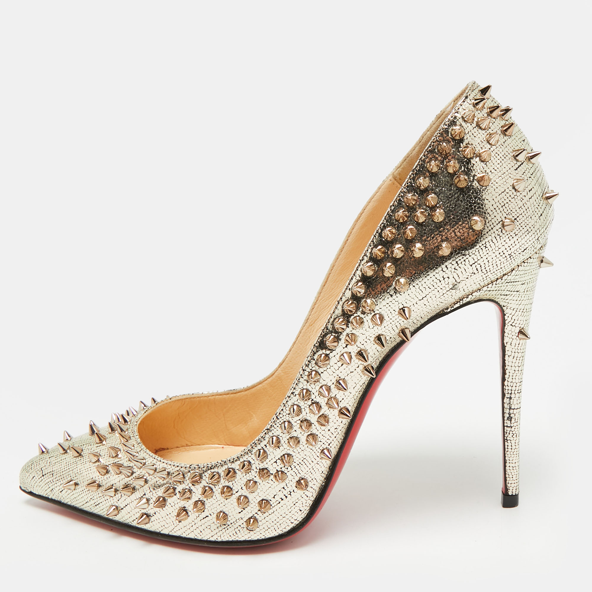 

Christian Louboutin Escarpic Spike Size  Gold Metallic Leather Pointed Toe Pumps