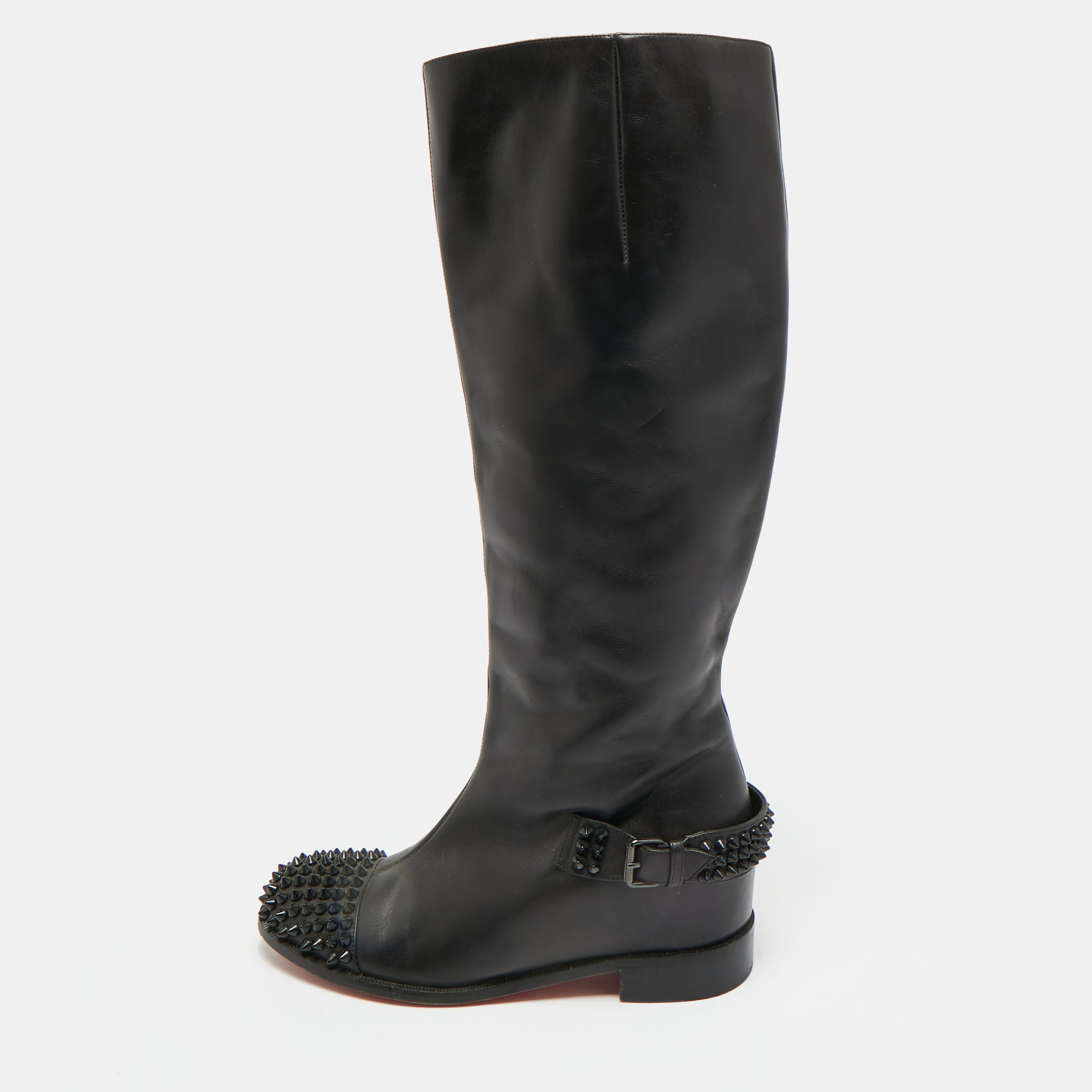 

Christian Louboutin Egoutina Size  Black Leather Spike Toe Knee Boots