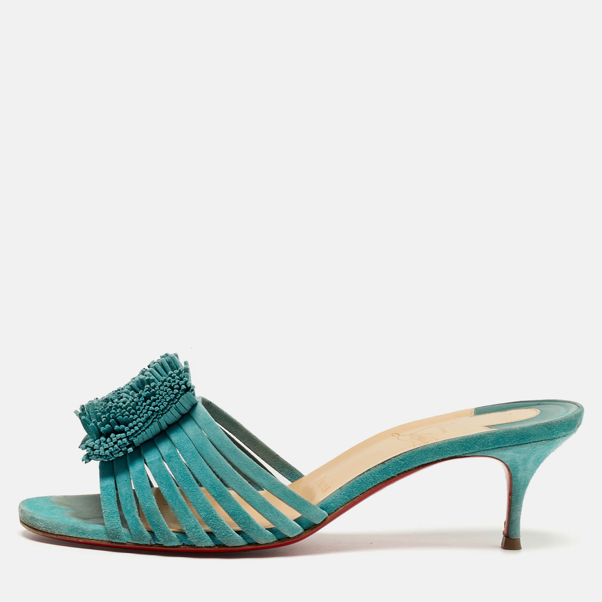 

Christian Louboutin Belbrossa Size  Blue Suede Fringe Trim Slide Sandals