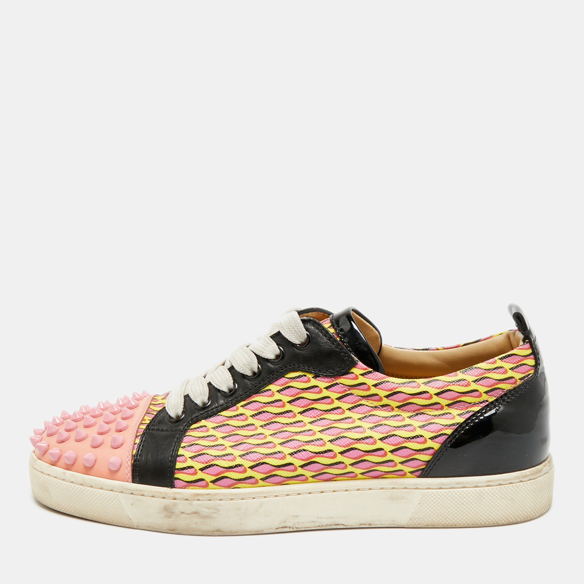 

Christian Louboutin Louis Junior Spikes Size  Multicolor Canvas and Patent Leather Lace Up Sneakers