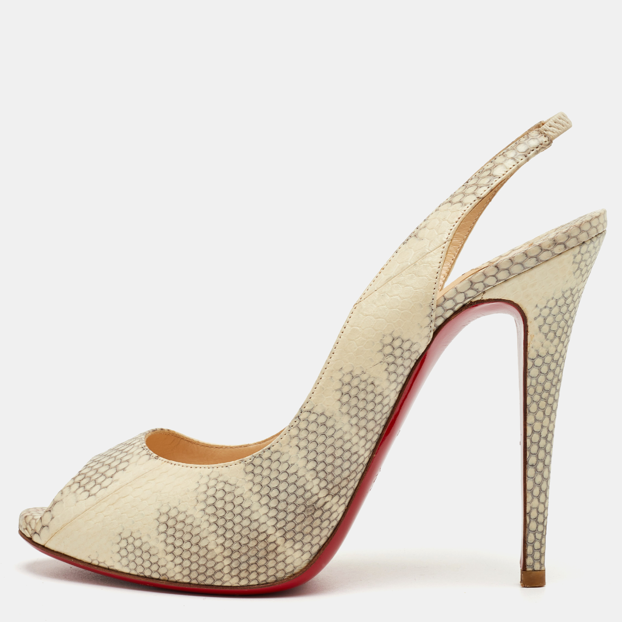 

Christian Louboutin Private Number Size  Cream/Grey Snakeskin Leather Peep Toe Slingback Pumps