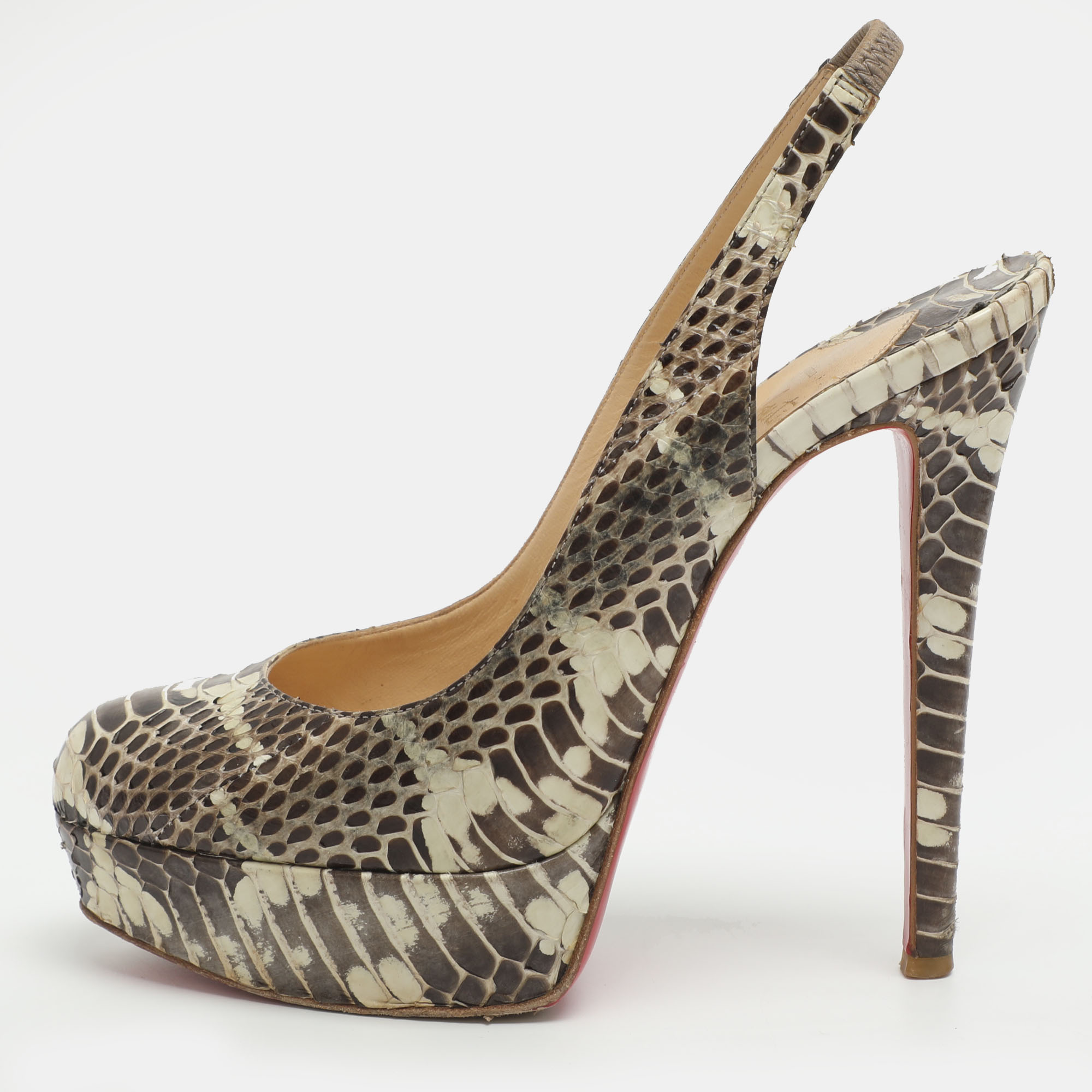 

Christian Louboutin Bianca Size  Two Tone Python Leather Slingback Platform Sandals, Grey