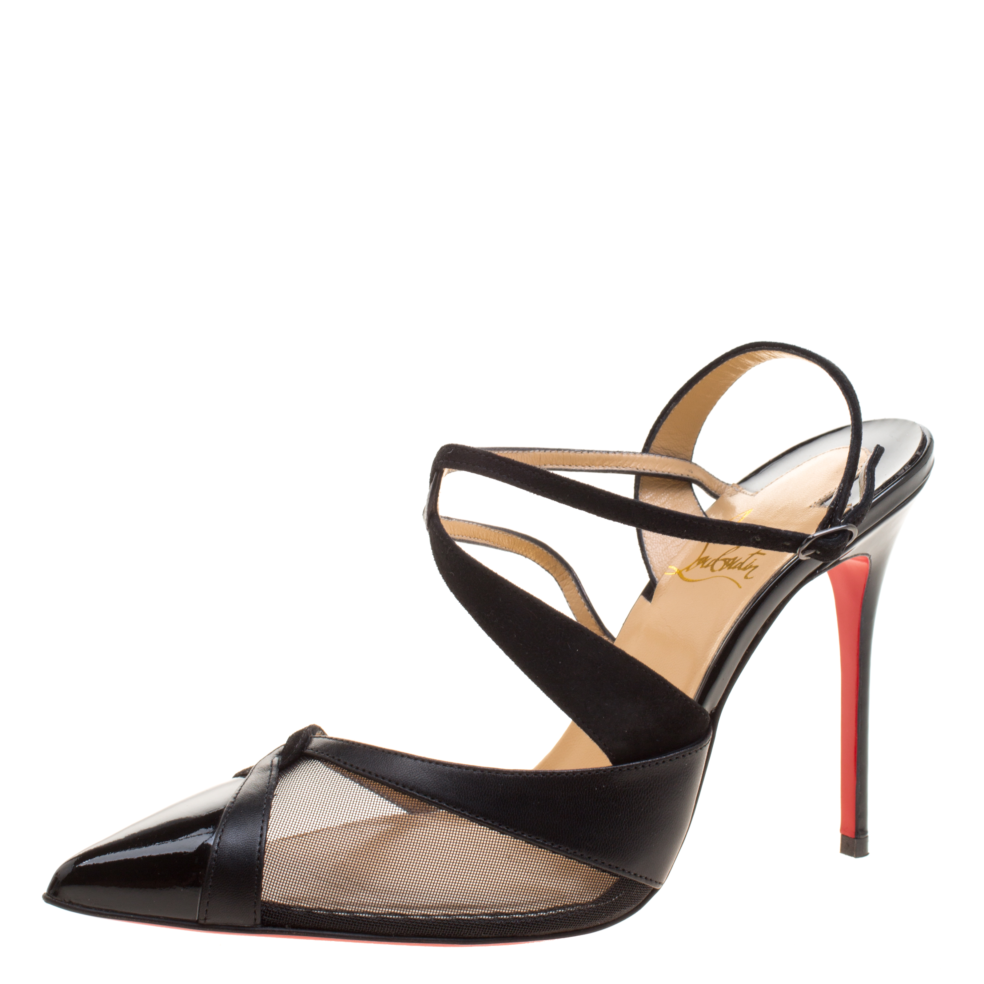 Christian Louboutin Black Patent Leather and Mesh Evoluta Pointed Toe Sandals Size 38