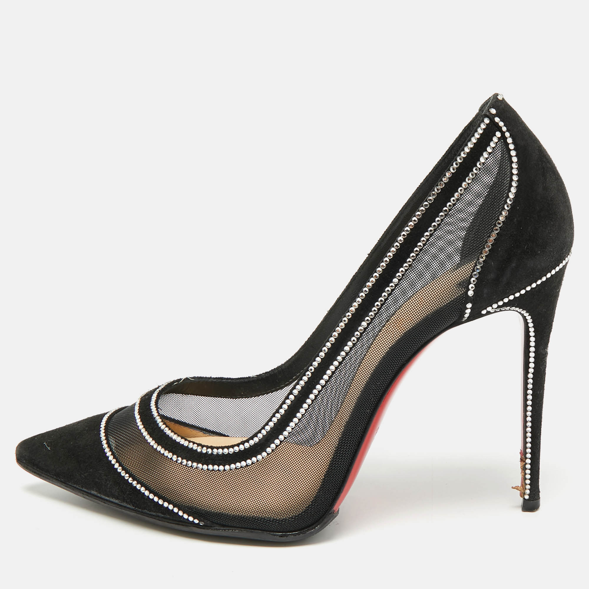 

Christian Louboutin Galativi Strass Size  Black Crystal Embellished Mesh and Suede Pumps