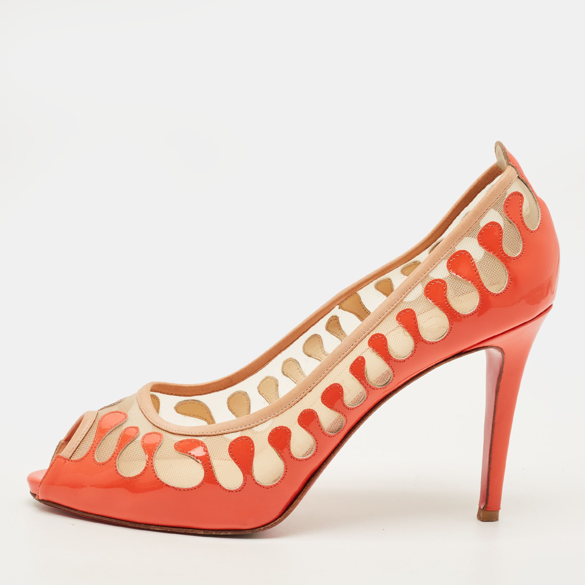 

Christian Louboutin Size  Orange/Beige Mesh and Patent Leather Peep Toe Pumps
