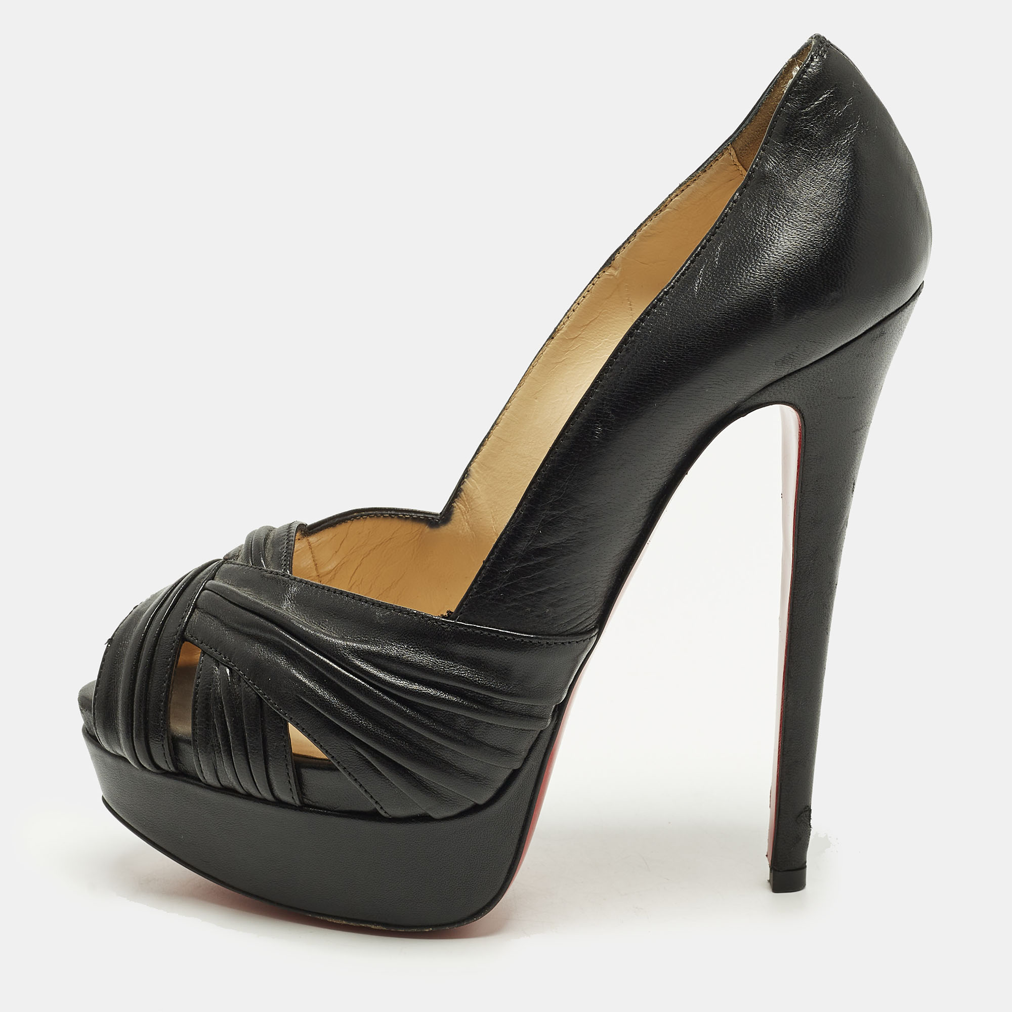 

Christian Louboutin Aborina Size  Black Leather Platform Peep Toe Pumps