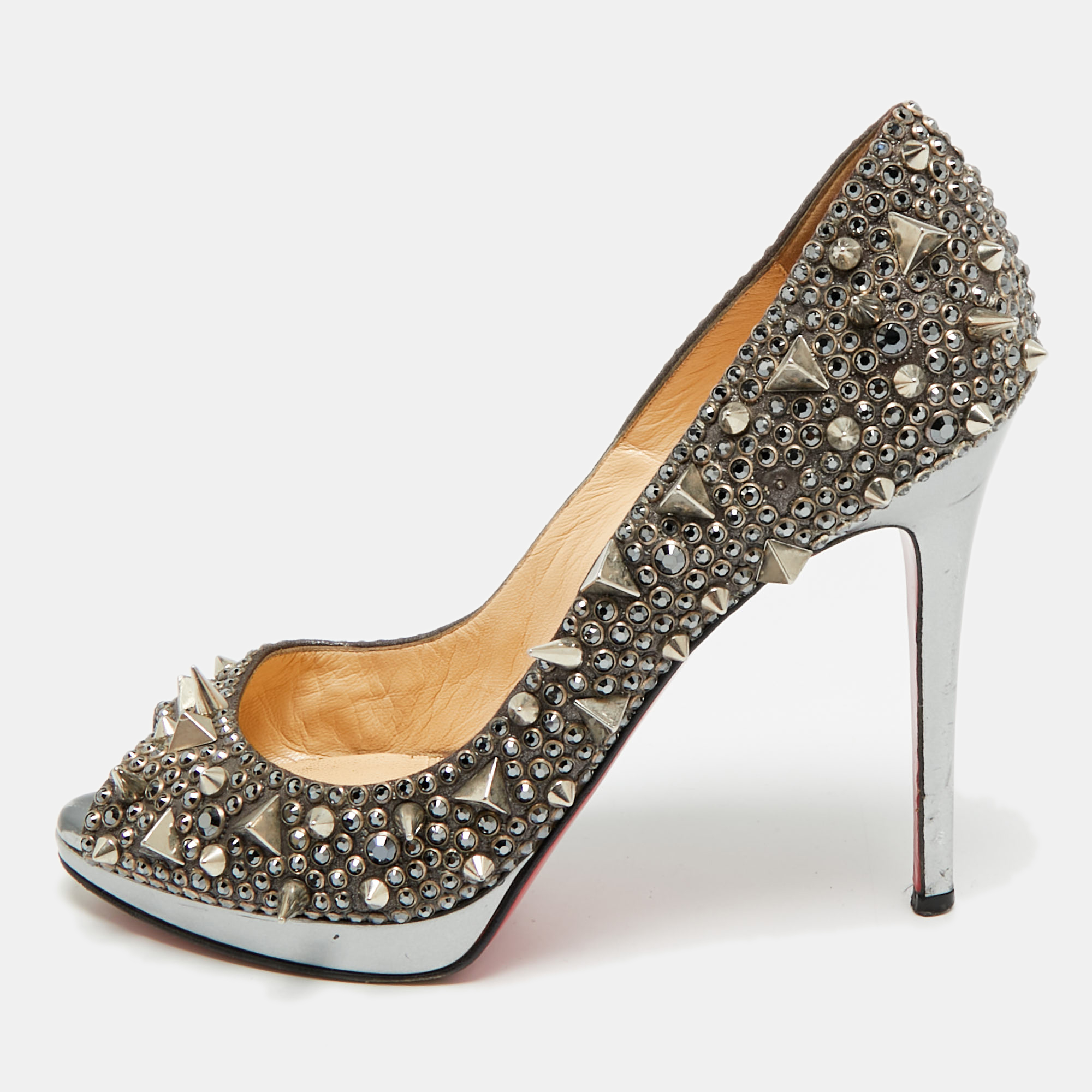

Christian Louboutin Size  Silver Glitter Peep Toe Pumps