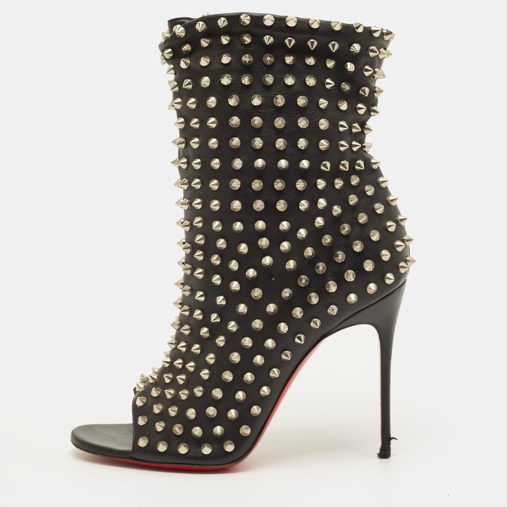 

Christian Louboutin Guerilla Size  Black Leather Spike Open Toe Slouchy Ankle Length Boots
