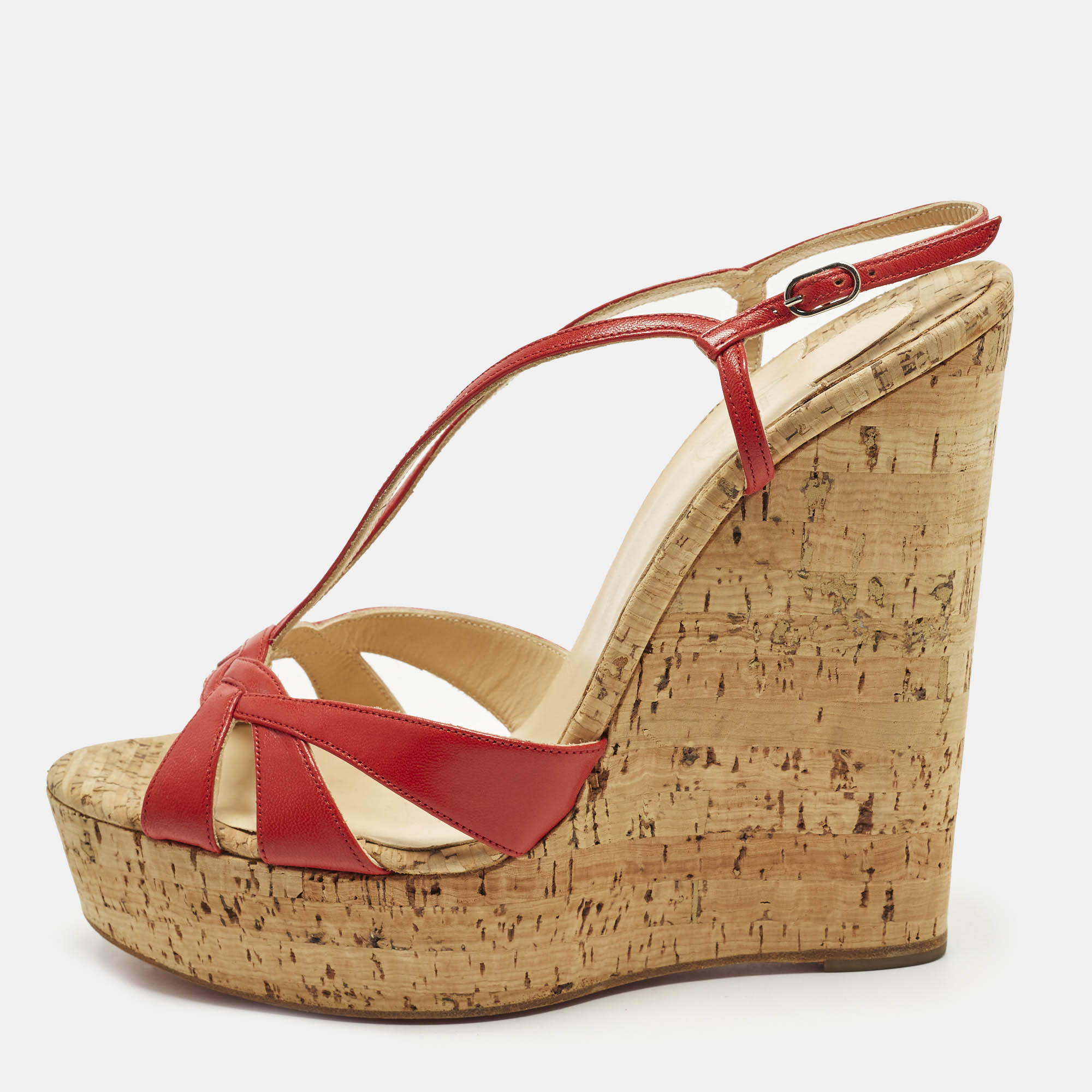

Christian Louboutin Size  Red Leather Strappy Cork Wedge Sandals