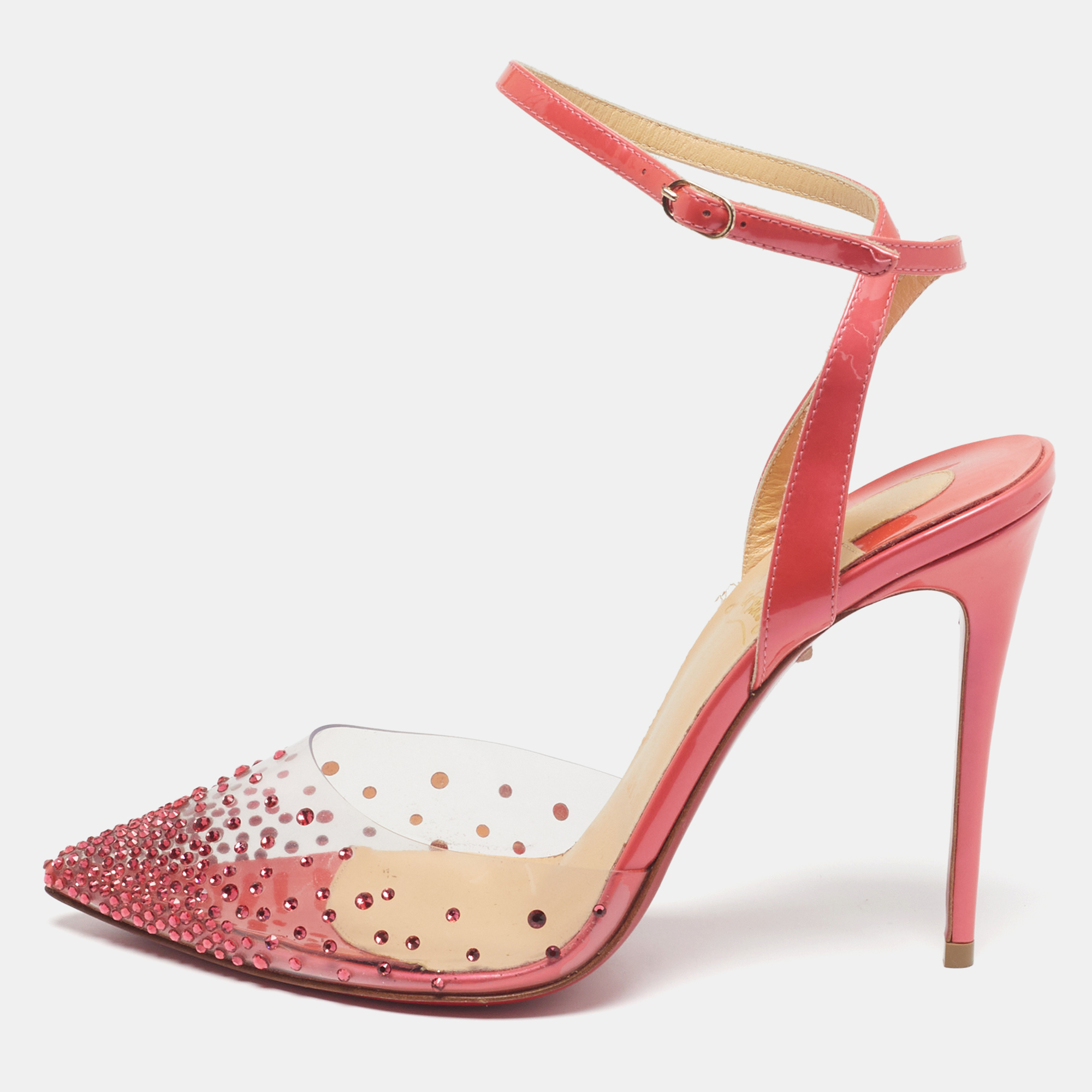 

Christian Louboutin Spikaqueen Size  Transparent/Pink PVC and Patent Leather Ankle Strap Pumps