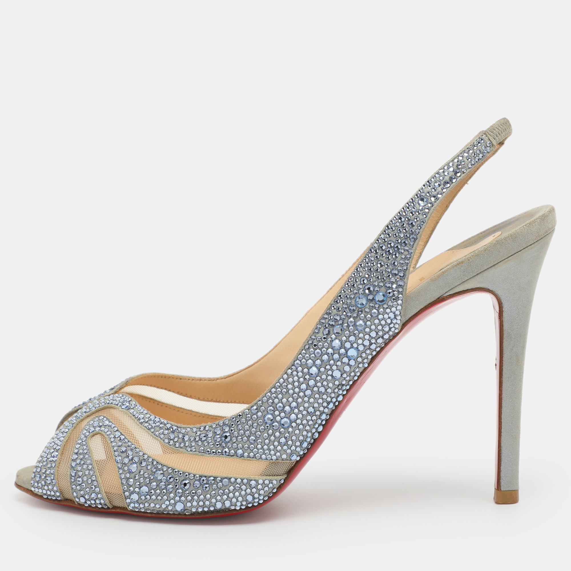 

Christian Louboutin Alta Spina Strass Size 35.5 Grey/Blue Suede and Mesh Slingback Sandals