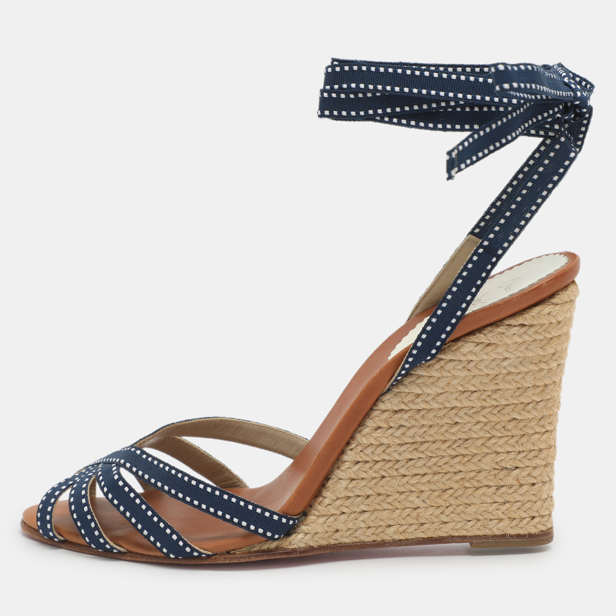

Christian Louboutin Size 39 Blue Fabric Wedge Espadrille Ankle Wrap Sandals