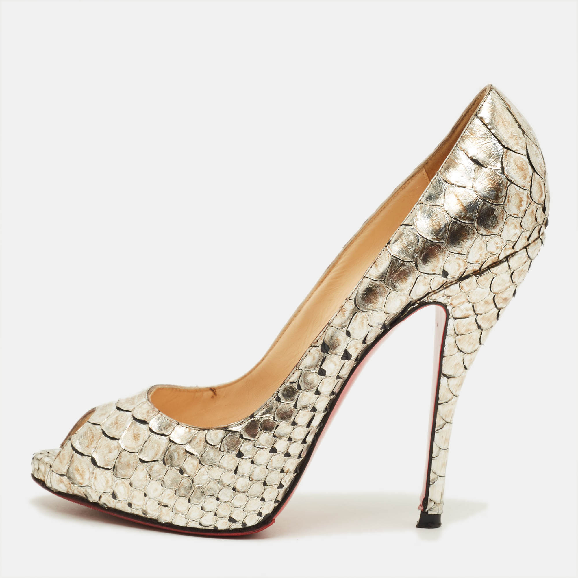 

Christian Louboutin Very Prive Size  Metallic Python Leather Peep Toe Pumps