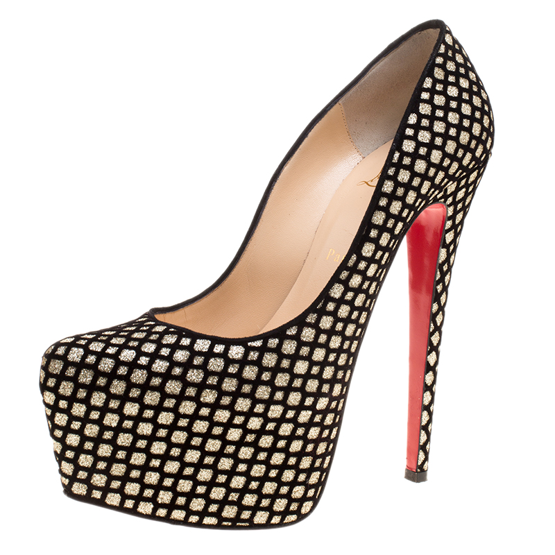 Pre Owned حذاء كعب عالي كريستيان لوبوتان نعل سميك دفوديل سويدي وفلوك غليتر مقاس 39